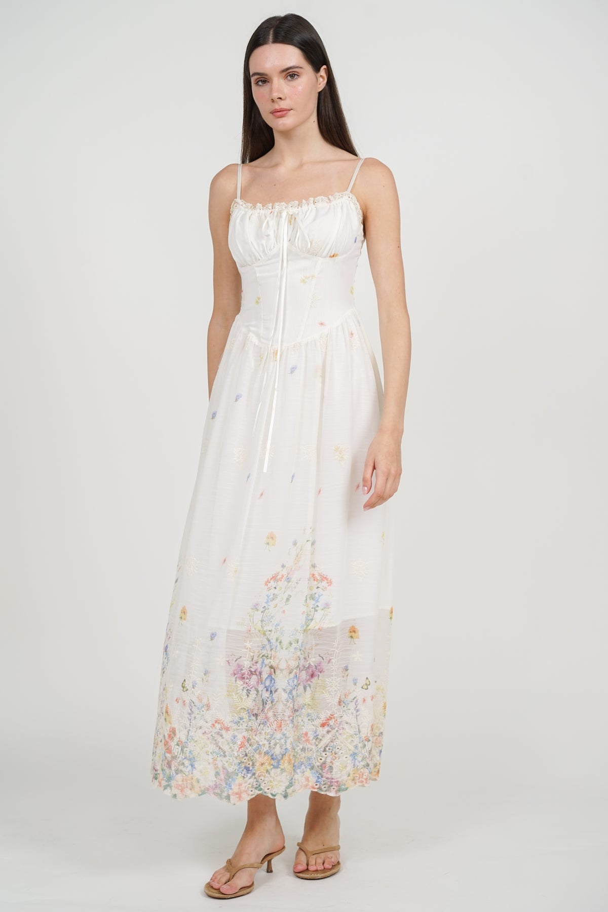 Ruched Bust Cami Dress in White Floral
