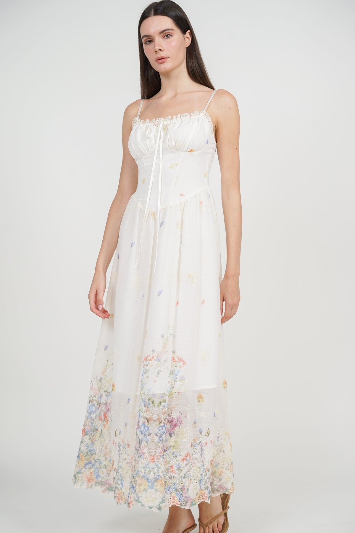 Ruched Bust Cami Dress in White Floral