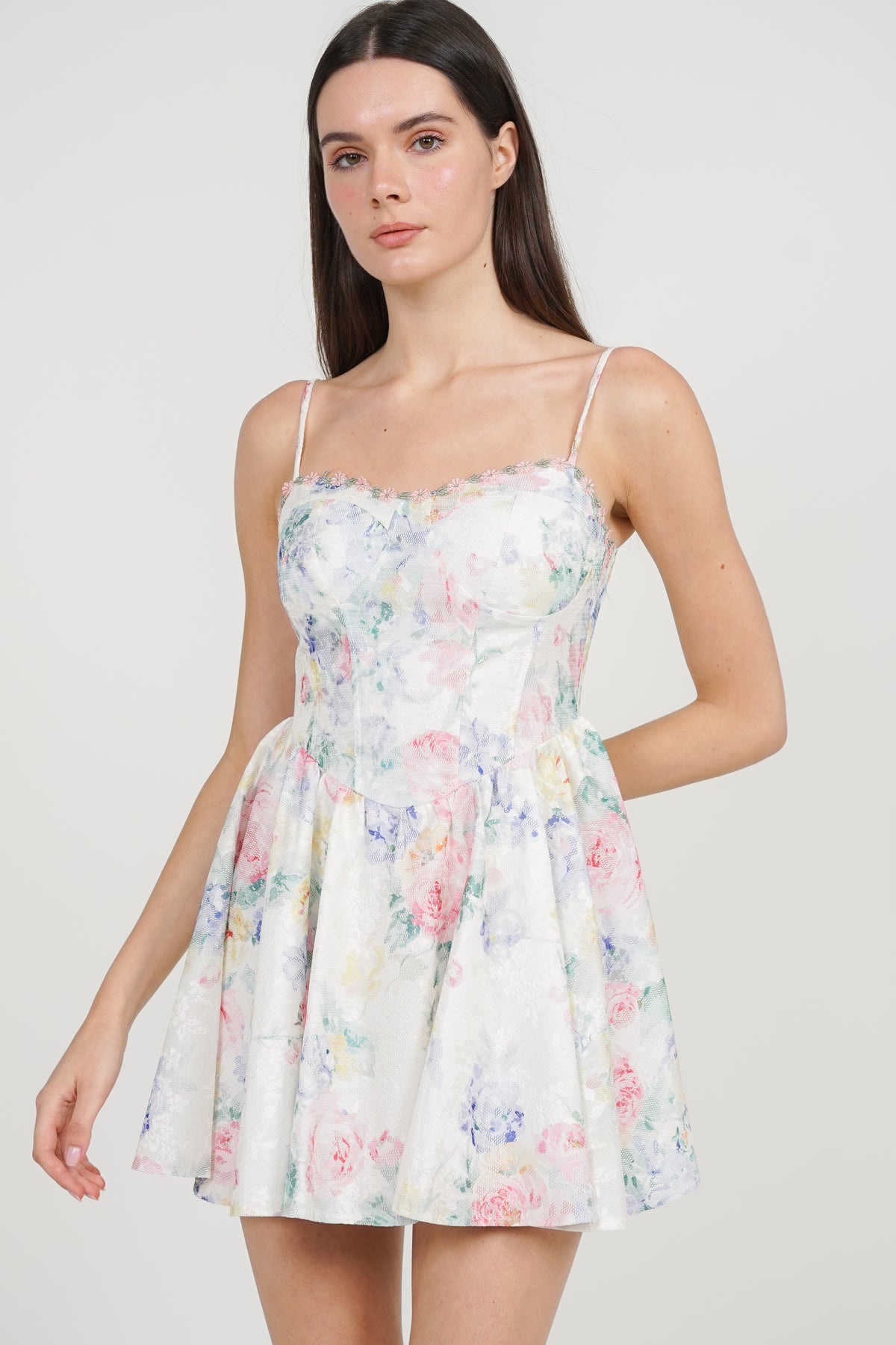 Bustier Gathered Mini Dress in Multi Rose
