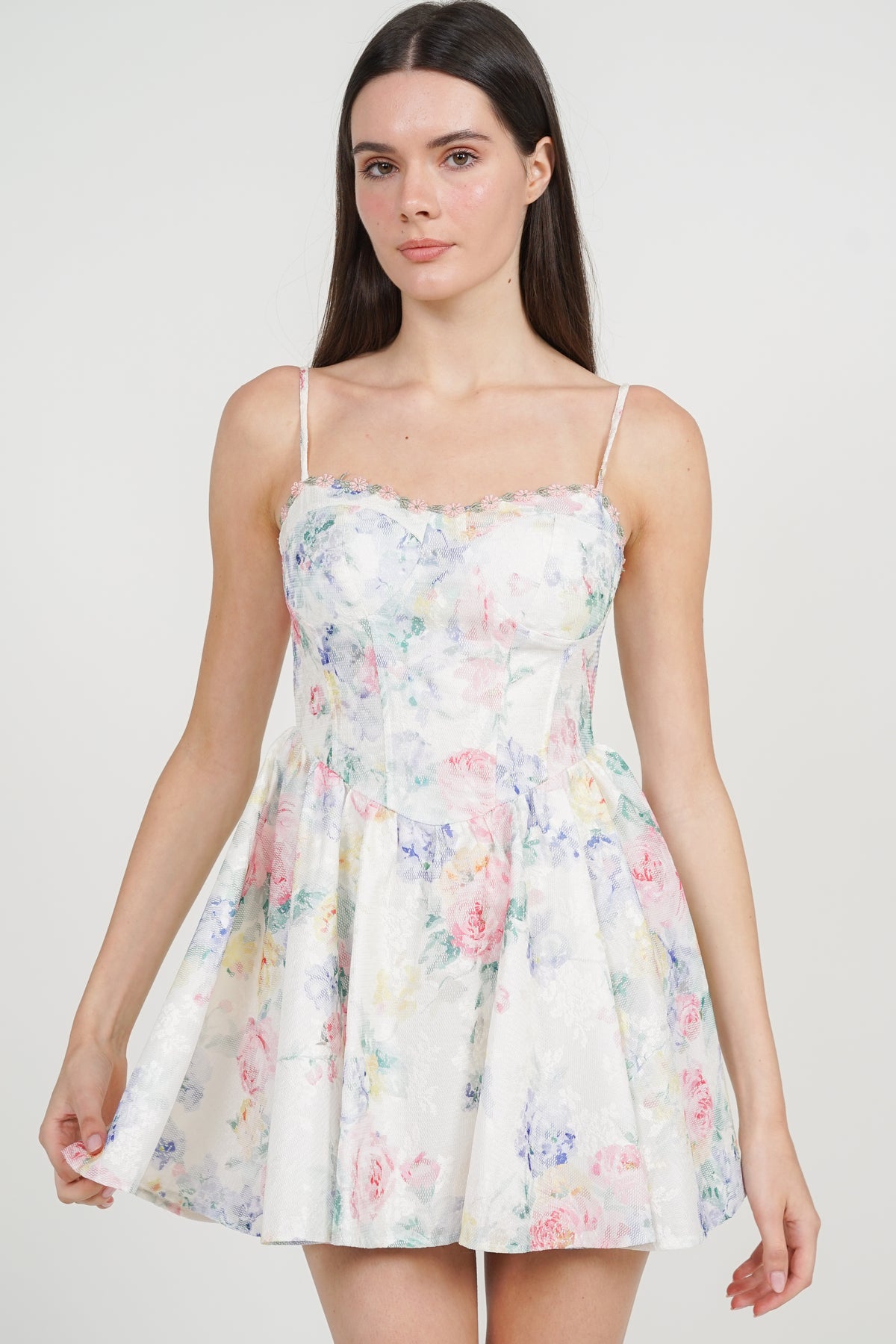Bustier Gathered Mini Dress in Multi Rose