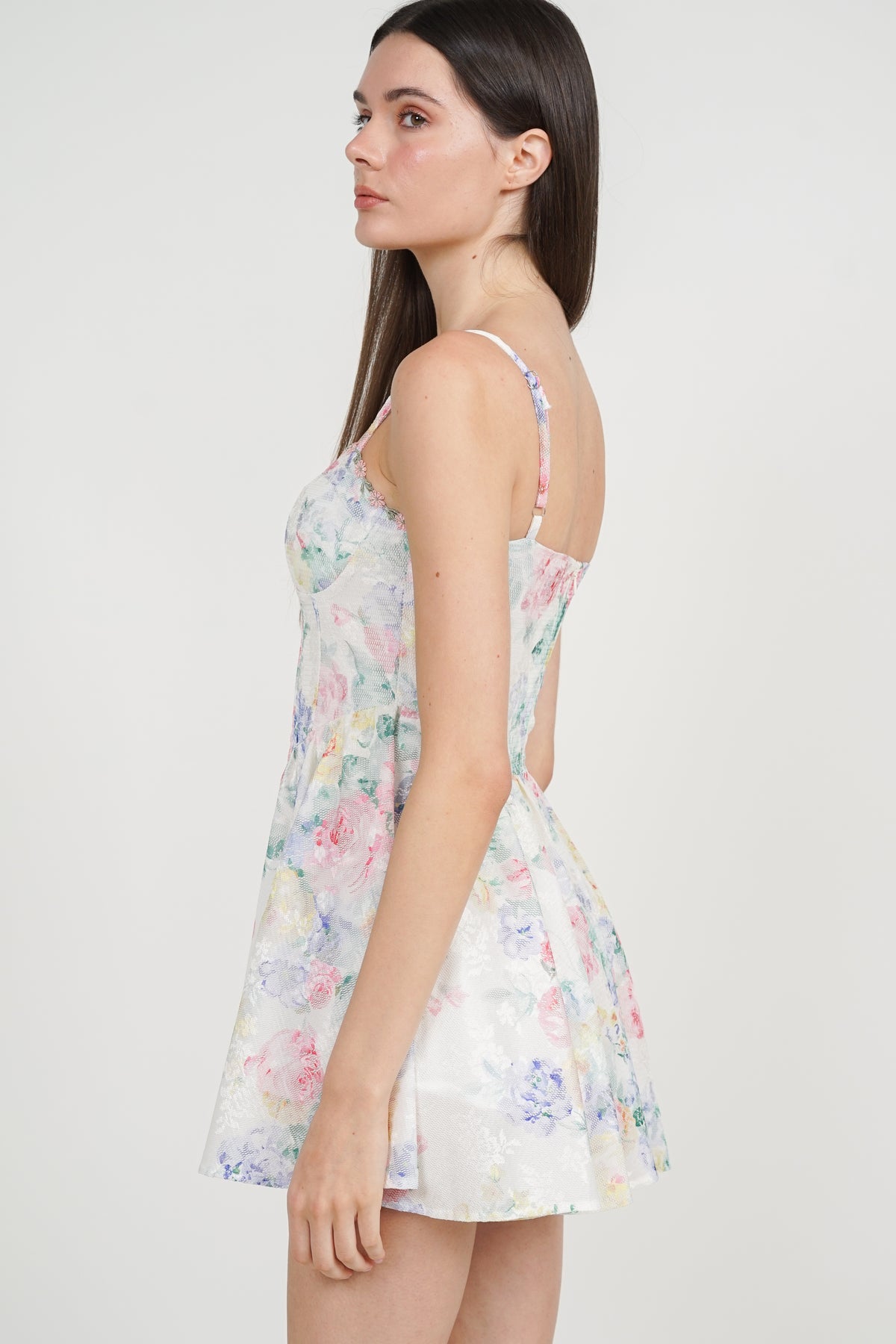 Bustier Gathered Mini Dress in Multi Rose