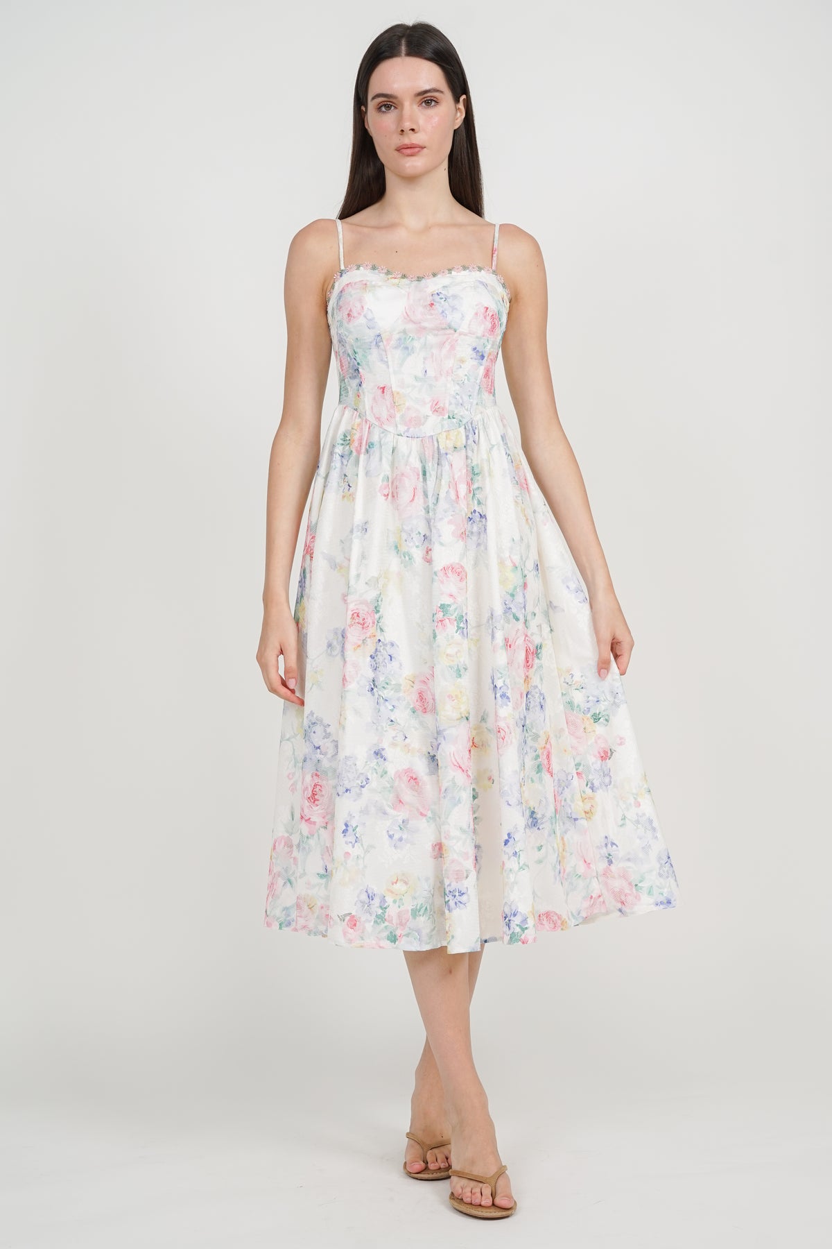 Bustier Gathered Midi Dress in Multi Rose