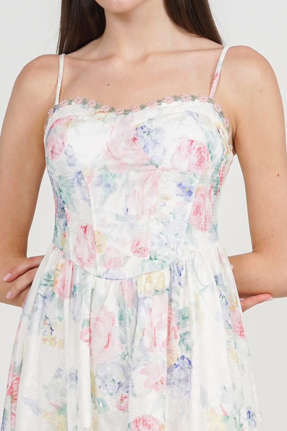 Bustier Gathered Midi Dress in Multi Rose