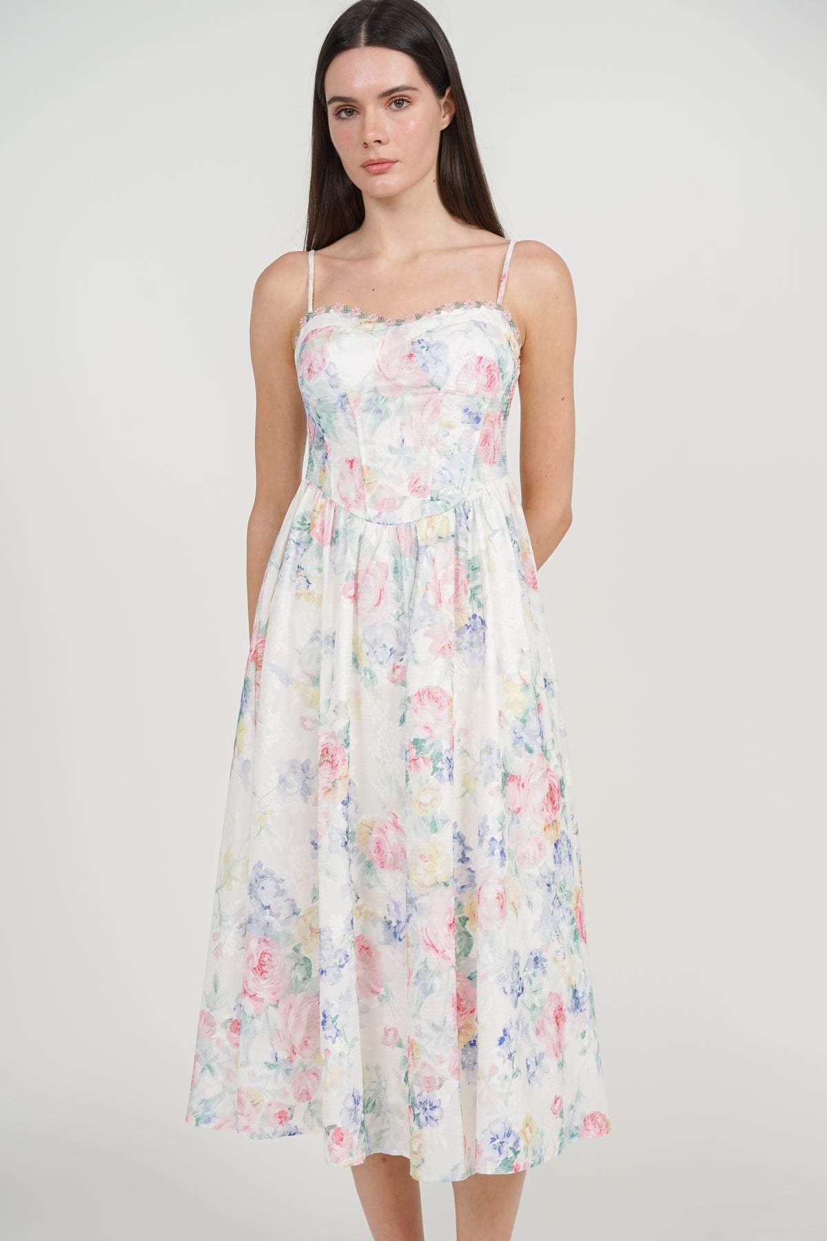 Bustier Gathered Midi Dress in Multi Rose