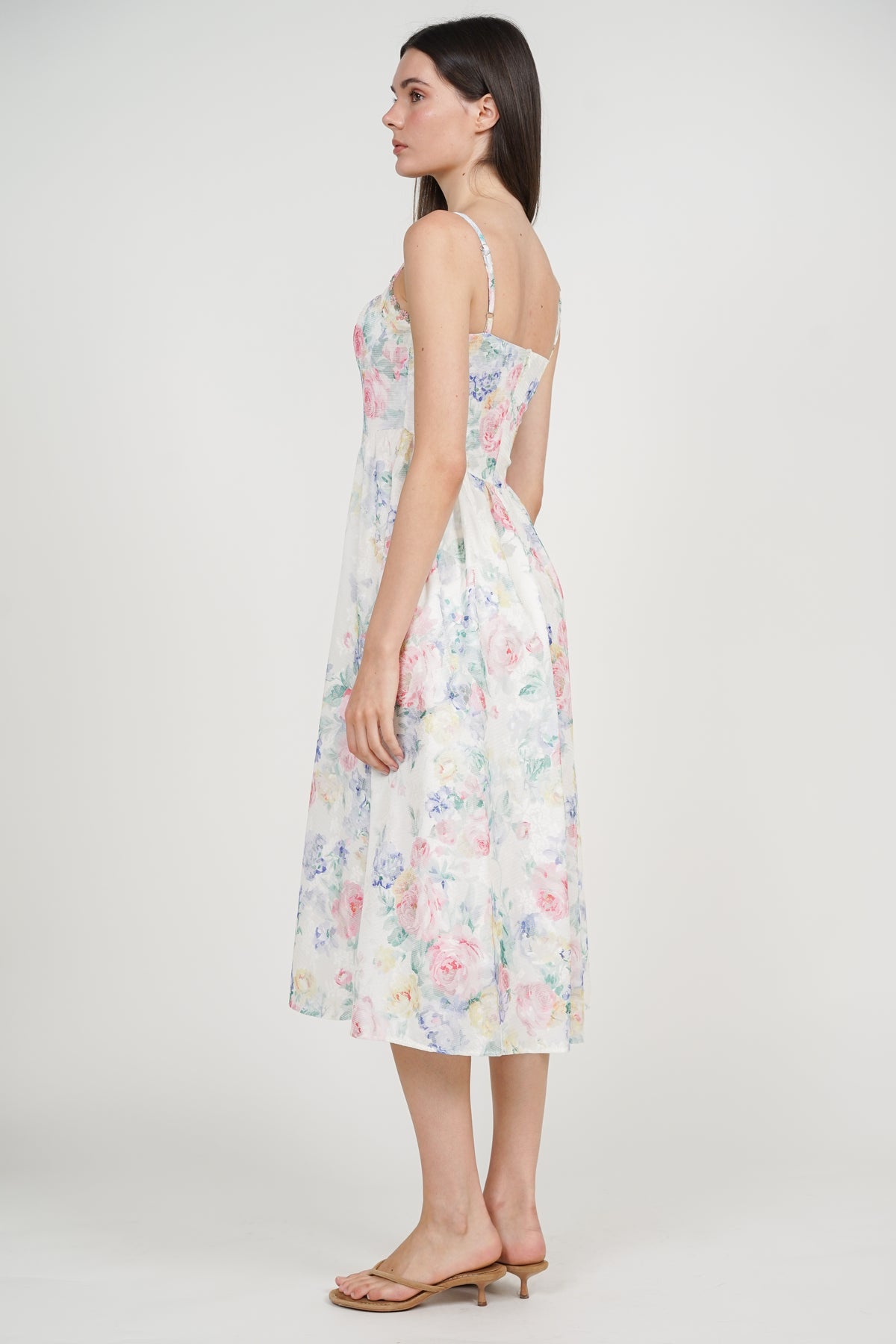 Bustier Gathered Midi Dress in Multi Rose