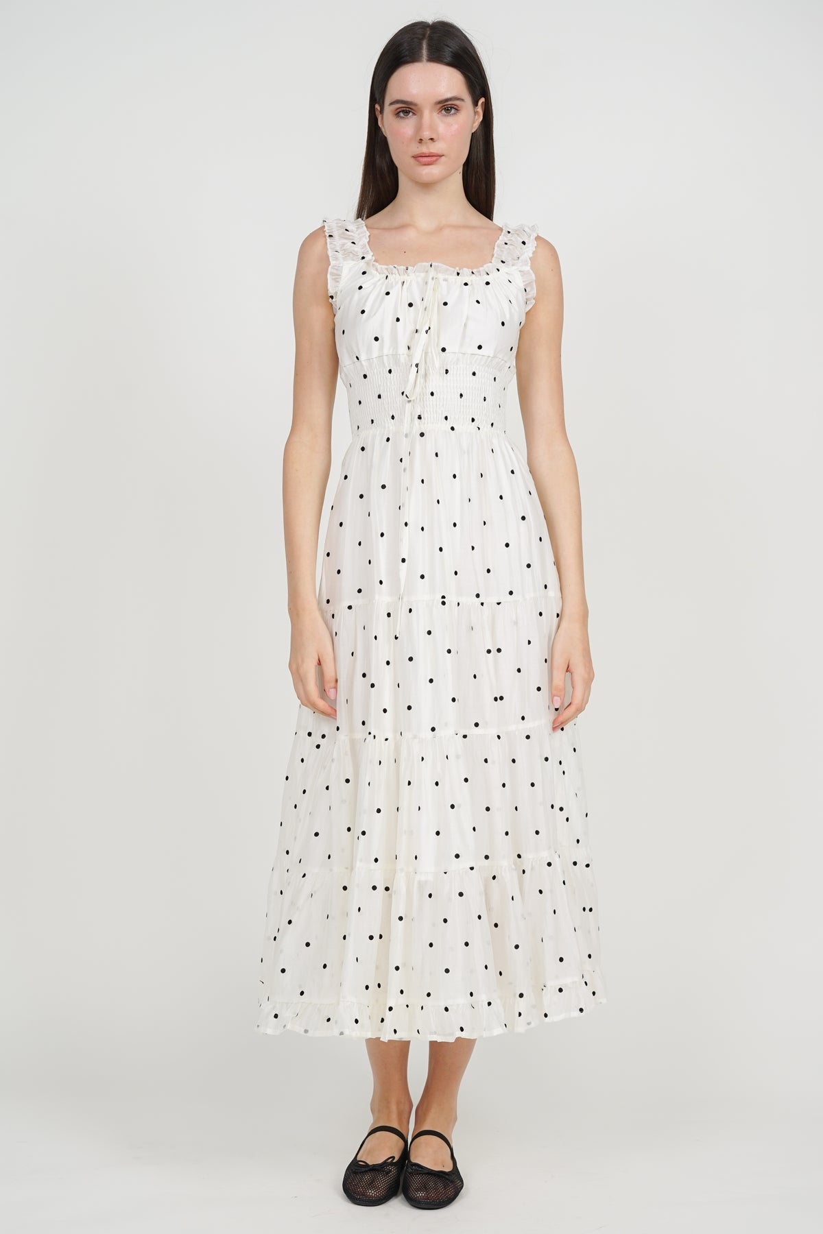 Smocked Waist Tiered Dress in White Polka Dots