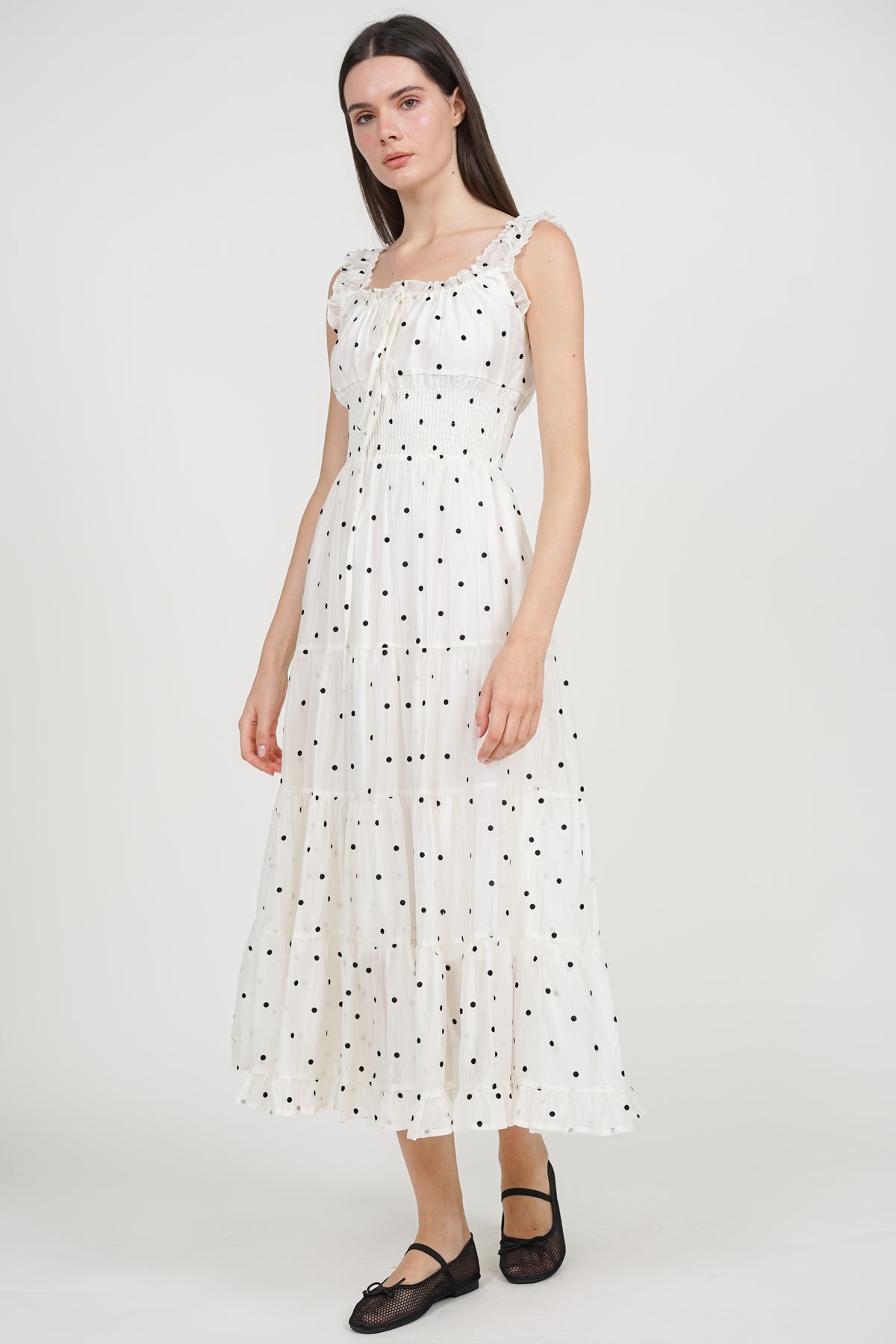 Smocked Waist Tiered Dress in White Polka Dots