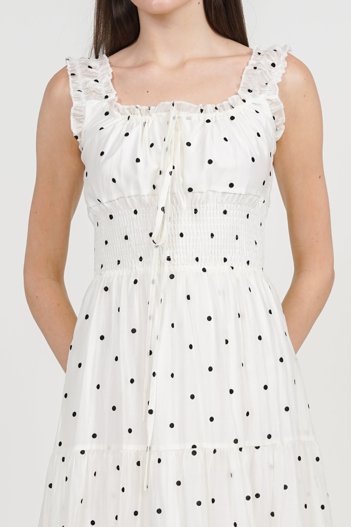 Smocked Waist Tiered Dress in White Polka Dots