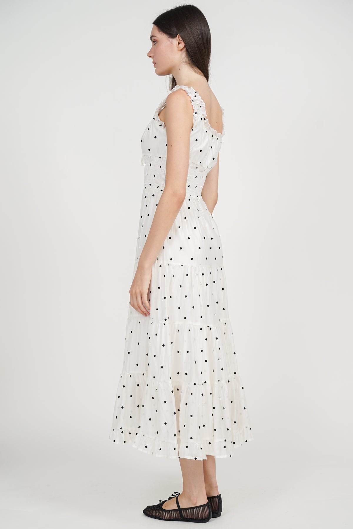 Smocked Waist Tiered Dress in White Polka Dots