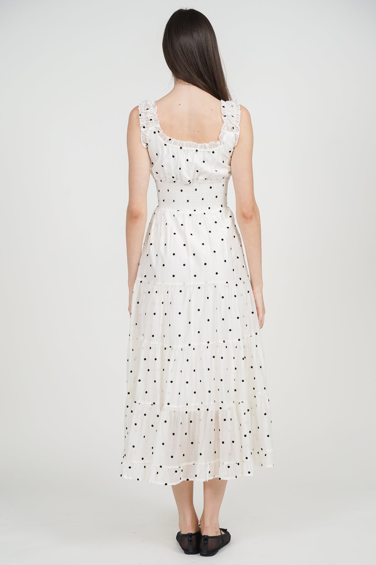 Smocked Waist Tiered Dress in White Polka Dots