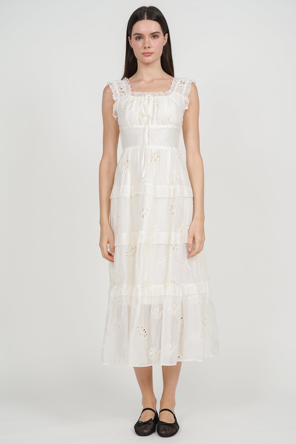 Crochet Ruched Tiered Dress in Apricot