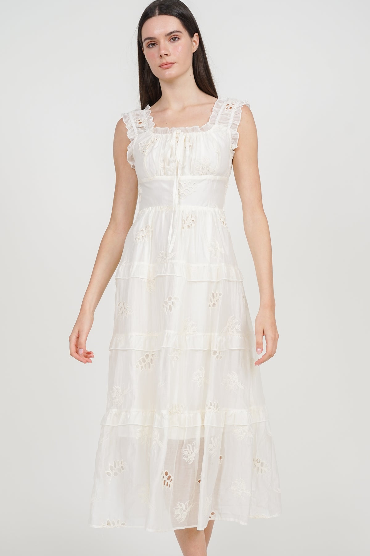 Crochet Ruched Tiered Dress in Apricot