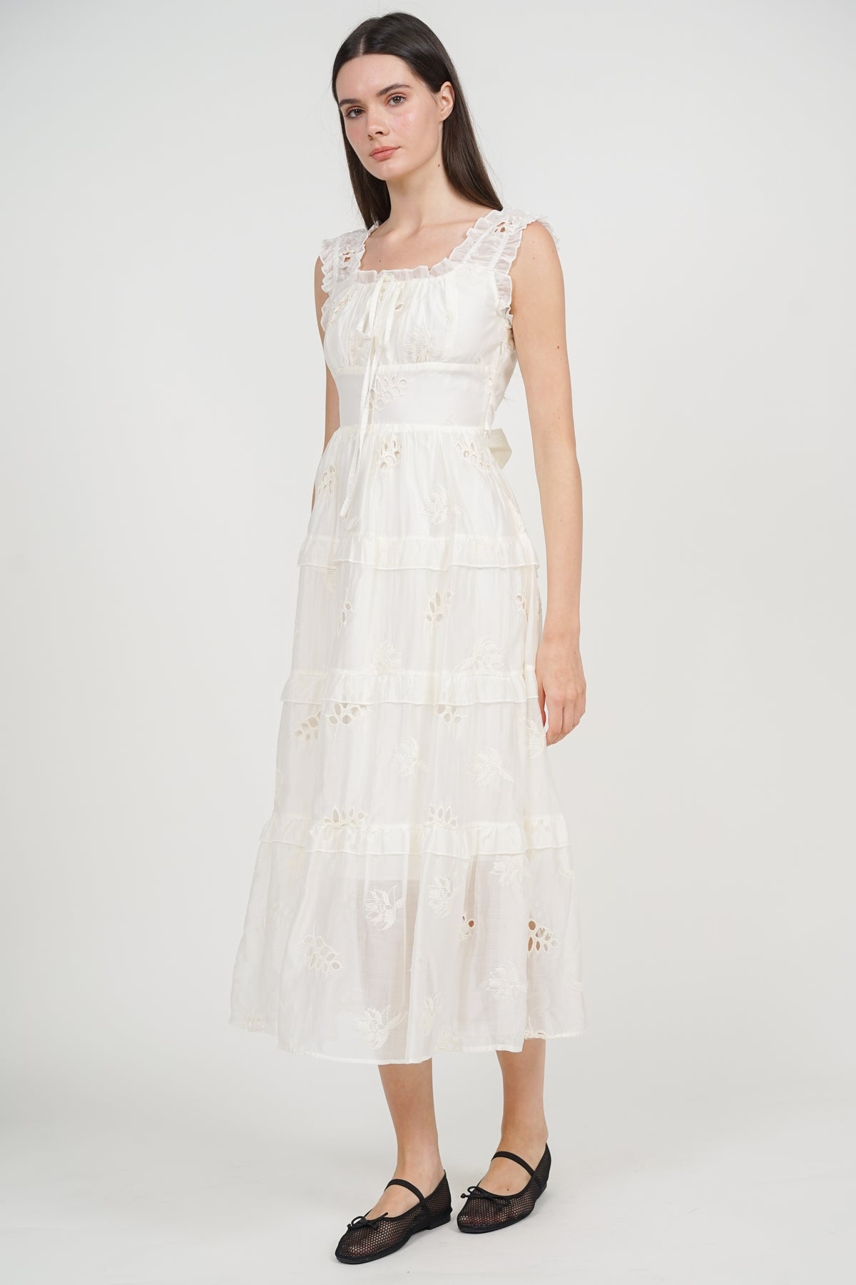 Crochet Ruched Tiered Dress in Apricot