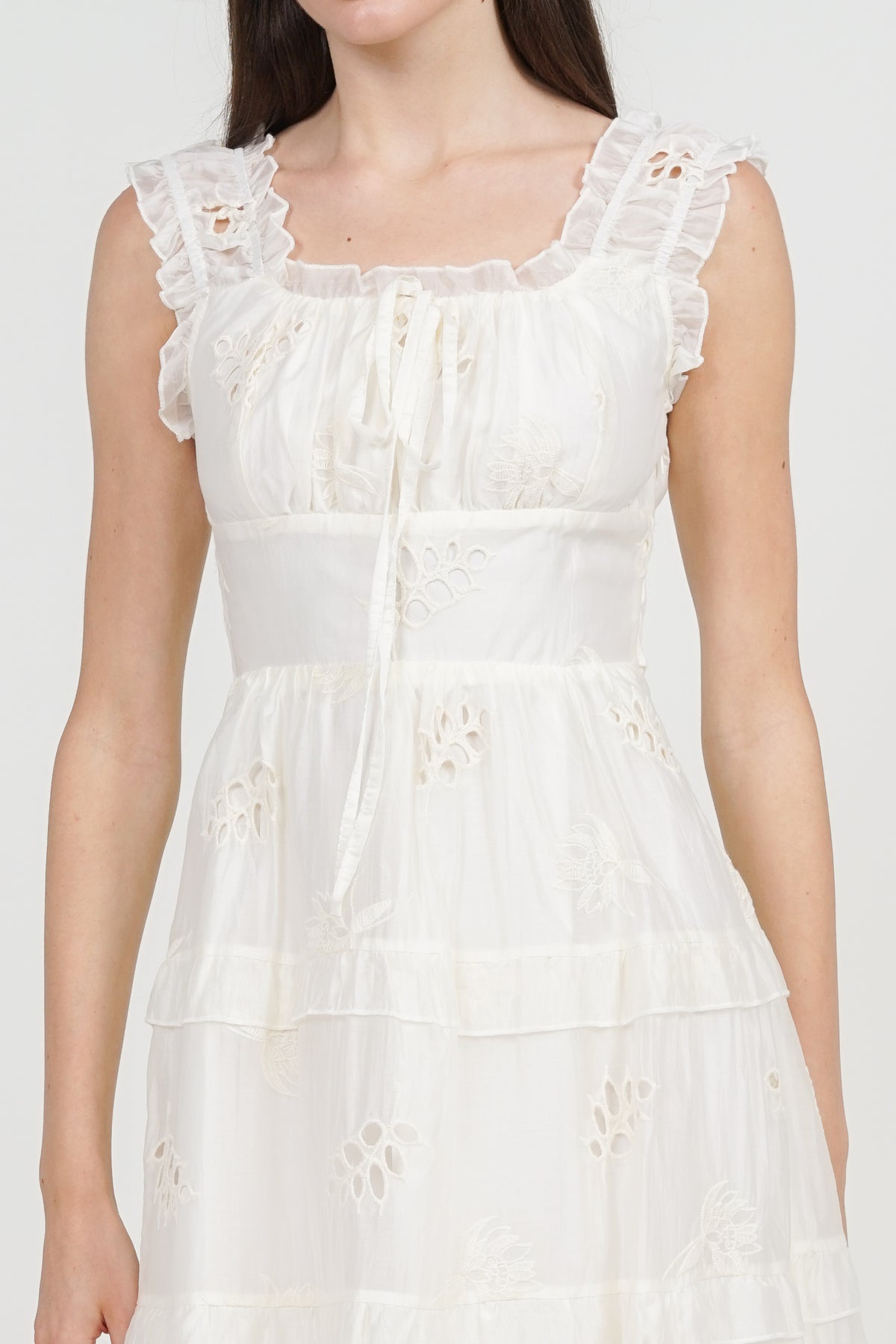 Crochet Ruched Tiered Dress in Apricot