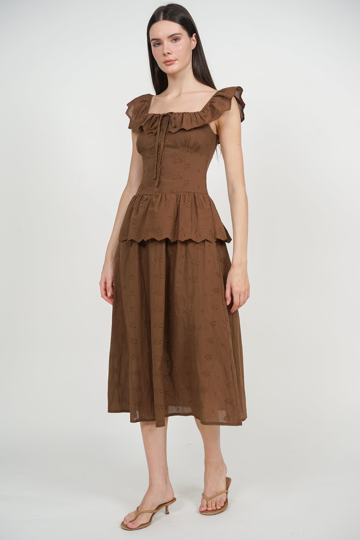 Dropwaist Peplum Maxi Dress in Brown Eyelet