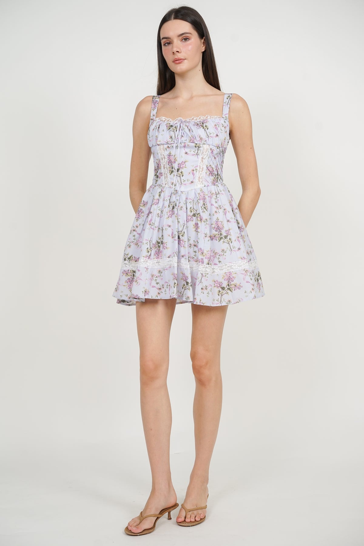 Ruched Lace Panel Dress in Purple Floral