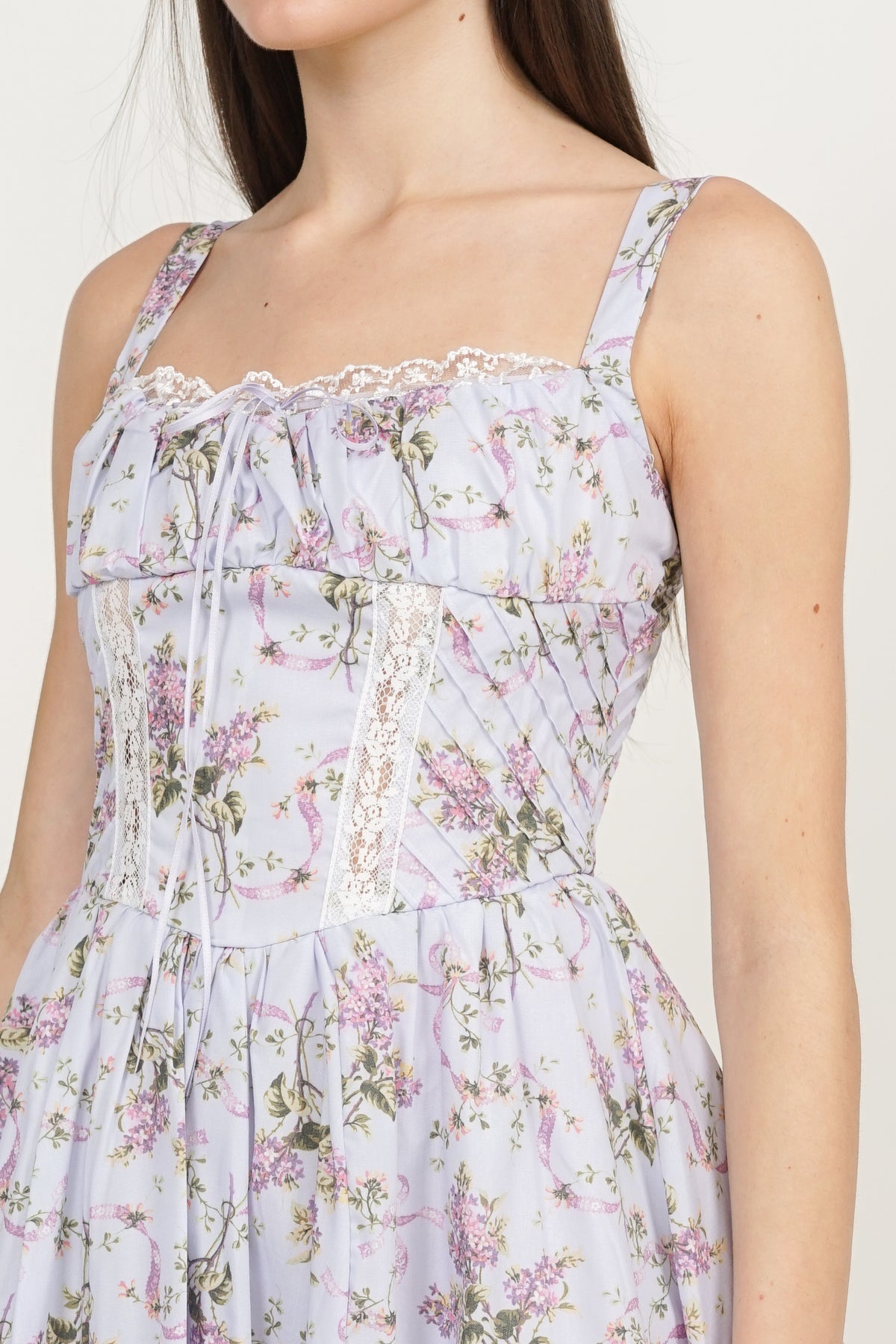 Ruched Lace Panel Dress in Purple Floral