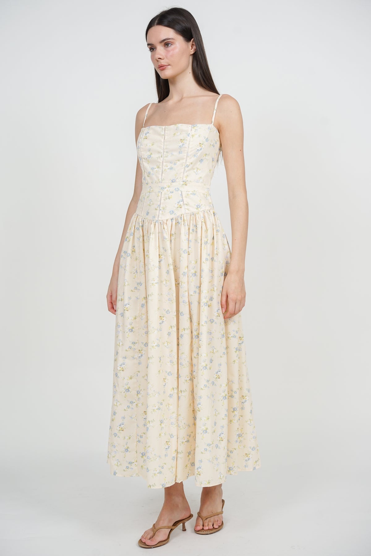 Panel Gathered Maxi Dress in Yellow Floral