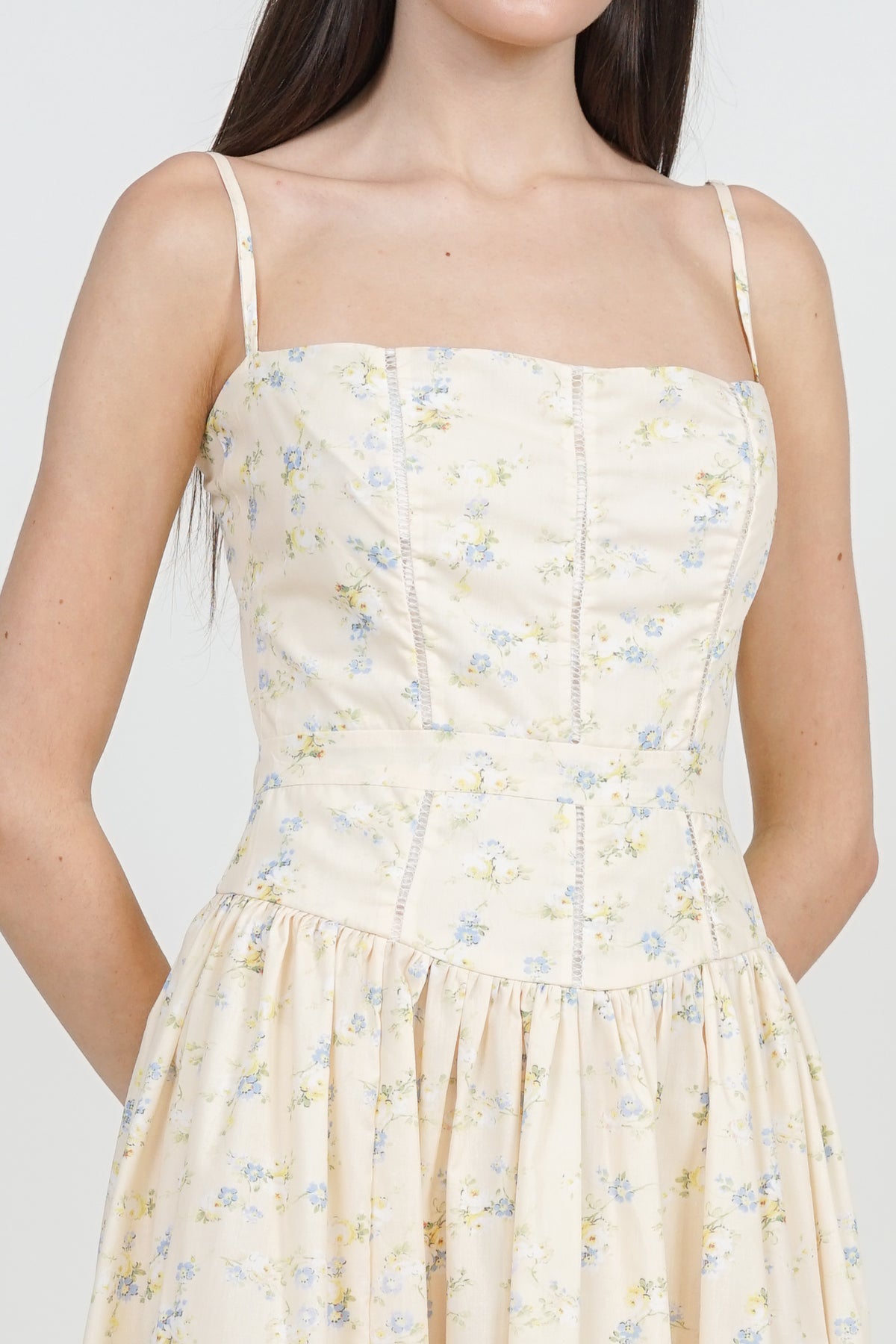 Panel Gathered Maxi Dress in Yellow Floral