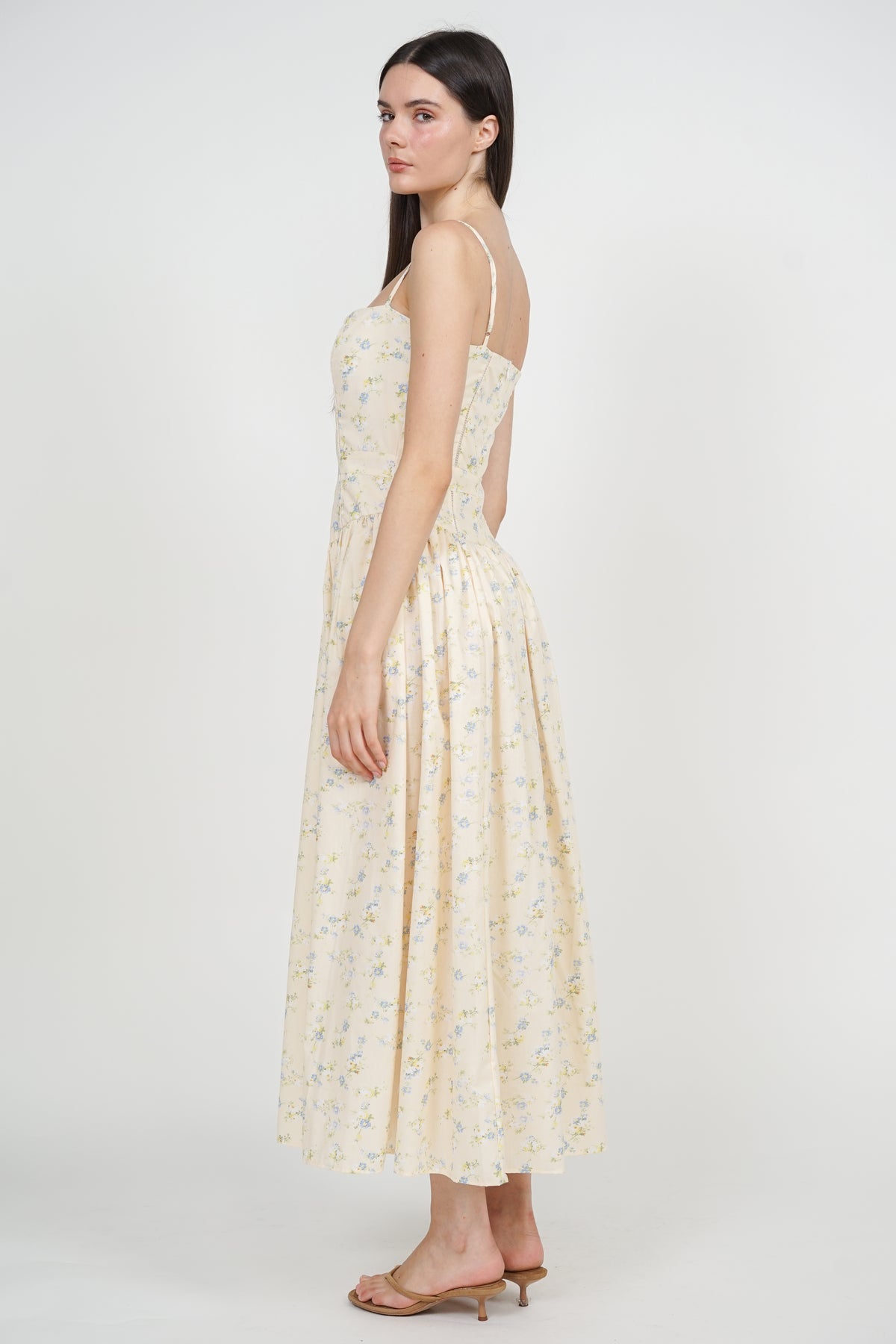 Panel Gathered Maxi Dress in Yellow Floral
