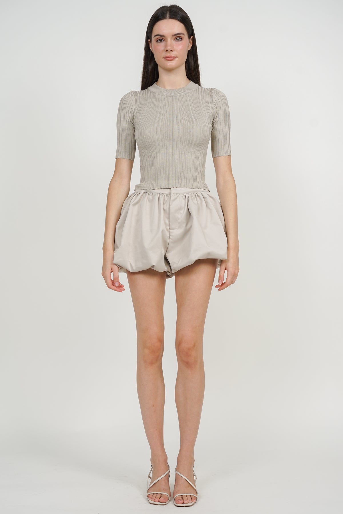 Round Neck Ribbed Knit Top in Milk Tea