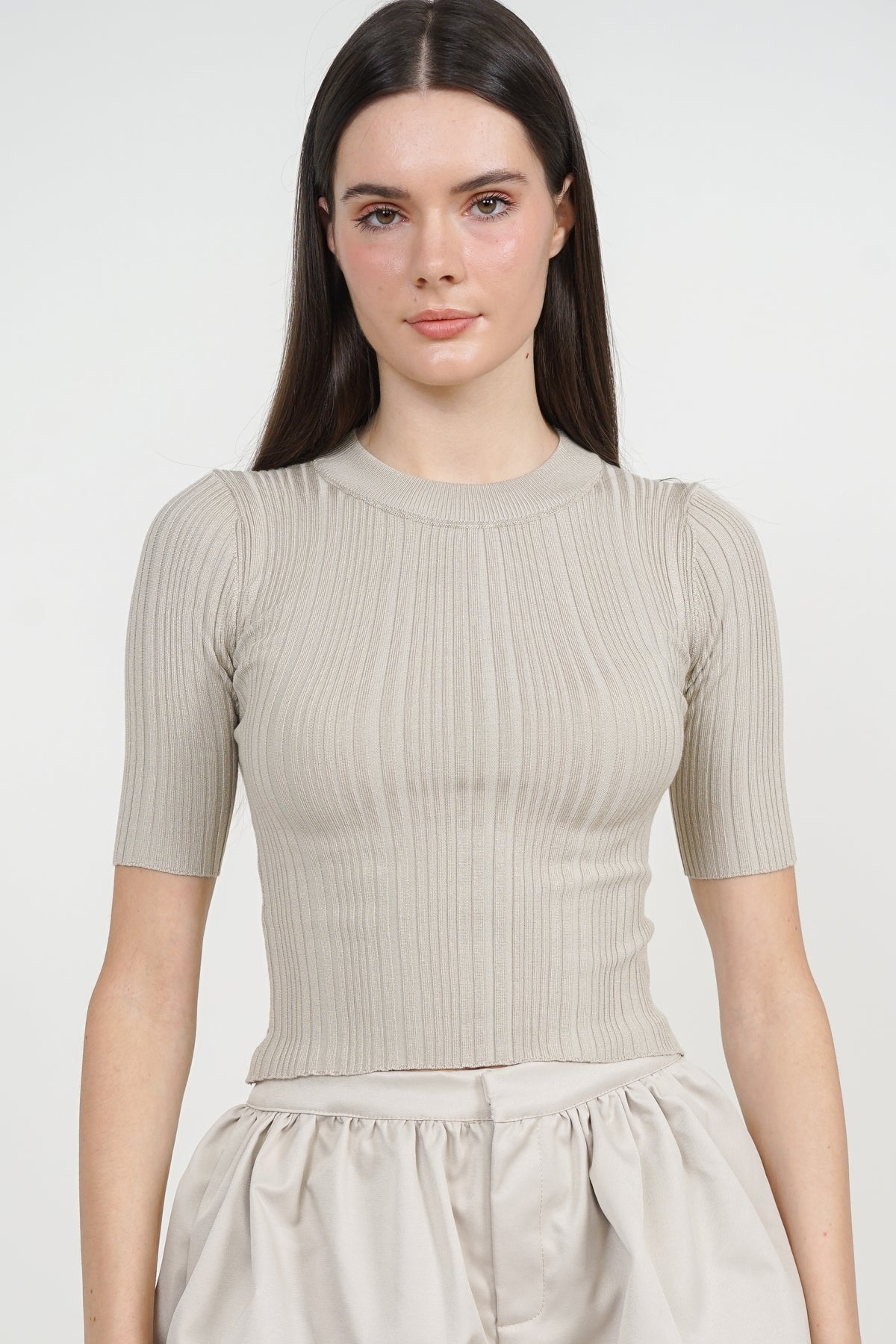 Round Neck Ribbed Knit Top in Milk Tea