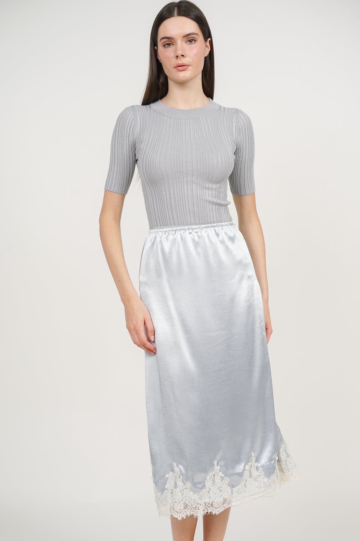 Slip On Patchwork Lace Skirt in Dusty Blue
