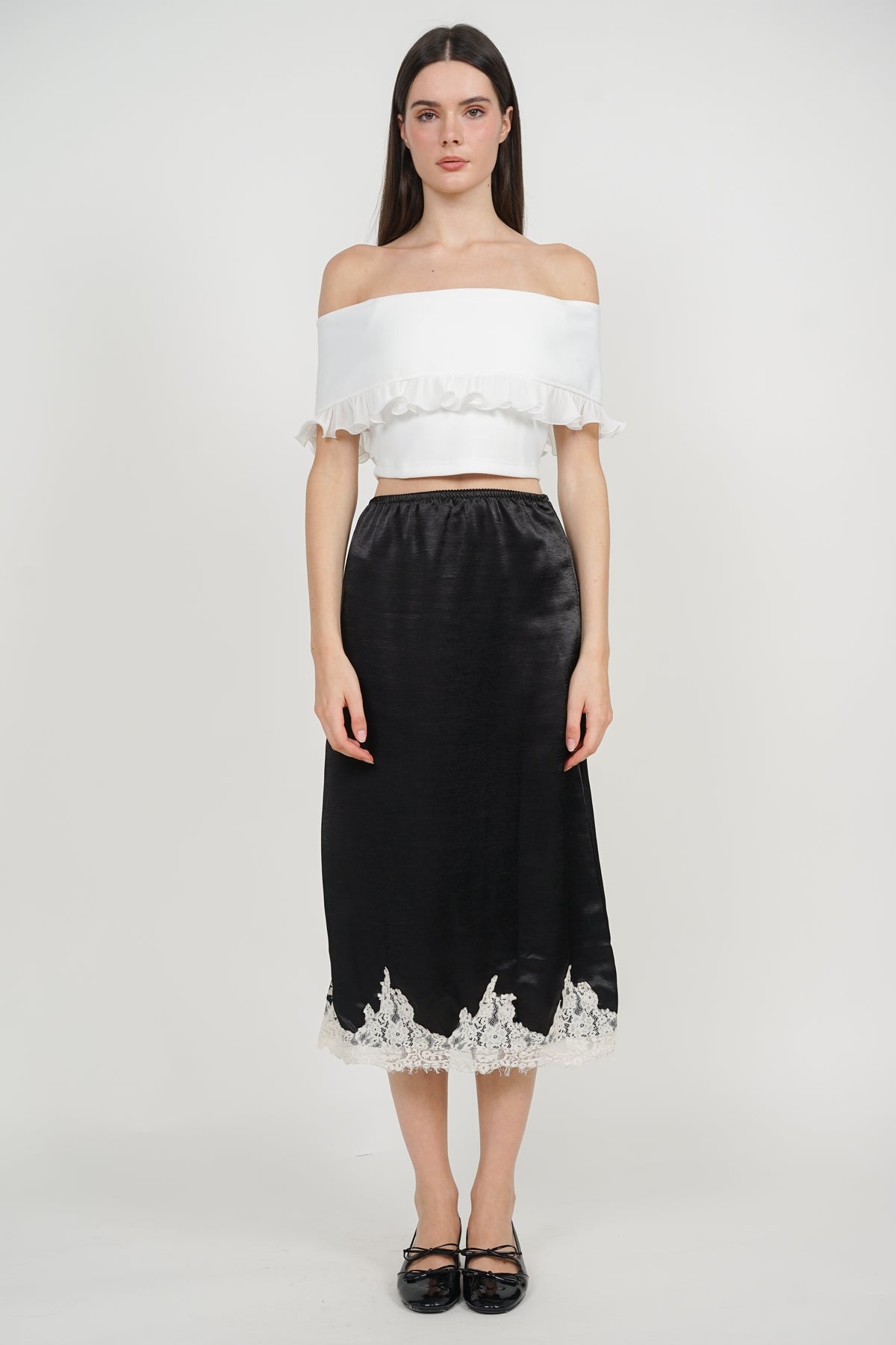 Off-Shoulder Ruffled Frill-Hem Top in White