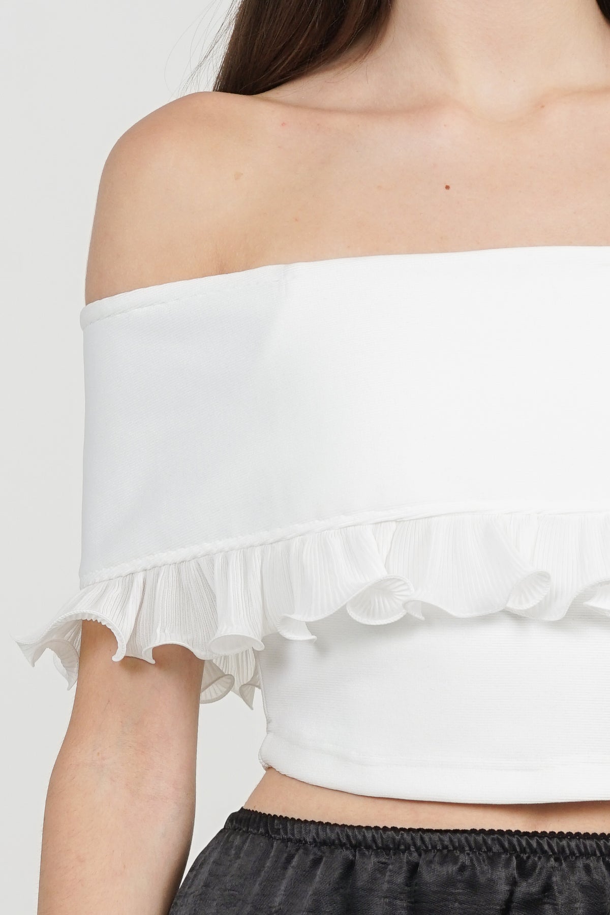 Off-Shoulder Ruffled Frill-Hem Top in White