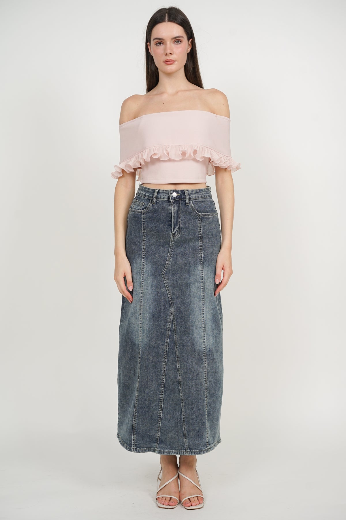 Off-Shoulder Ruffled Frill-Hem Top in Sakura