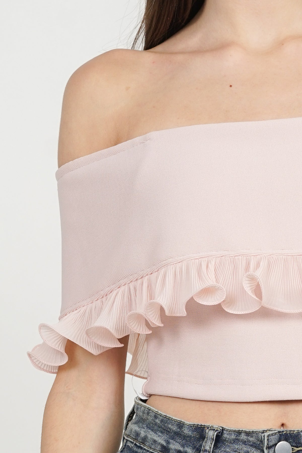 Off-Shoulder Ruffled Frill-Hem Top in Sakura