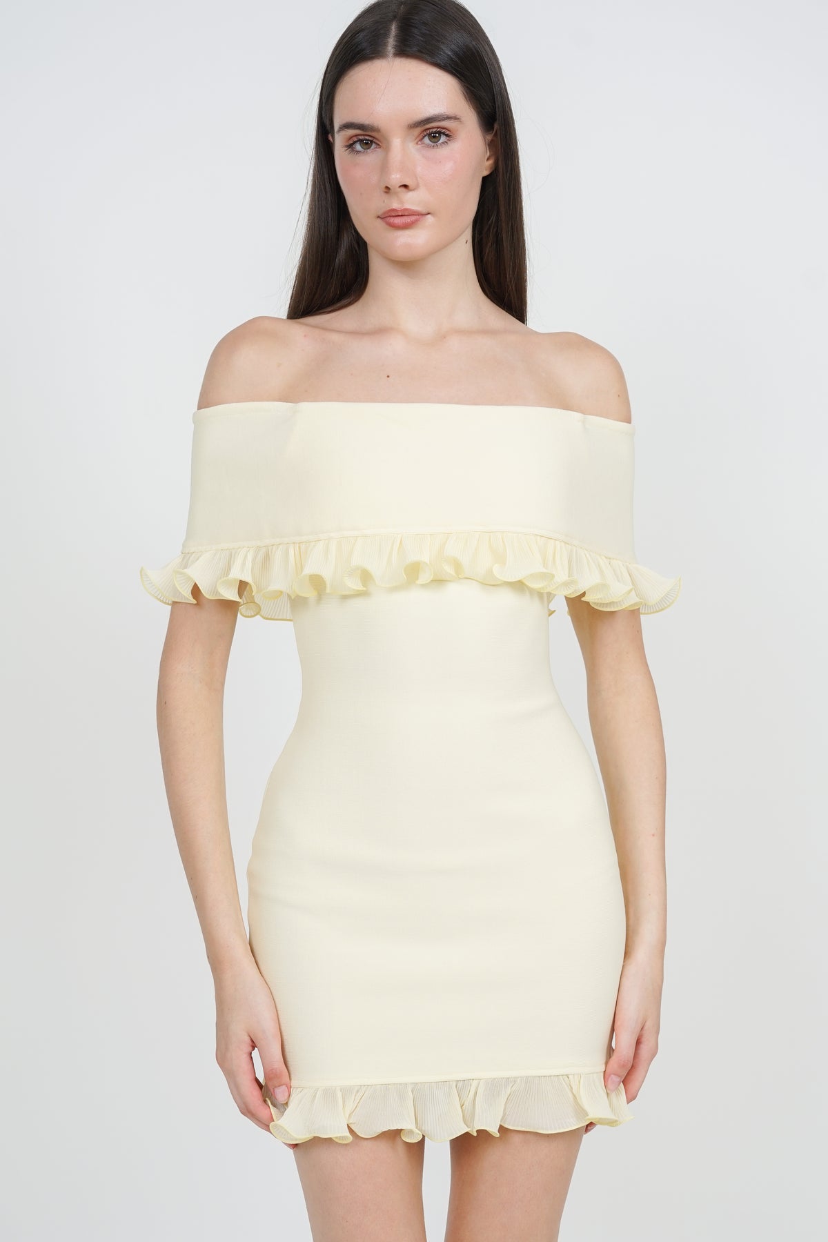 Off-Shoulder Ruffled Frill-Hem Mini Dress in Buttercup