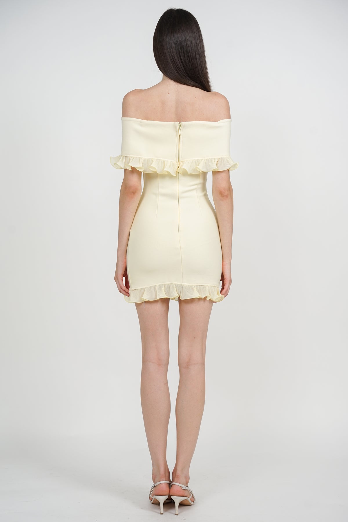 Off-Shoulder Ruffled Frill-Hem Mini Dress in Buttercup