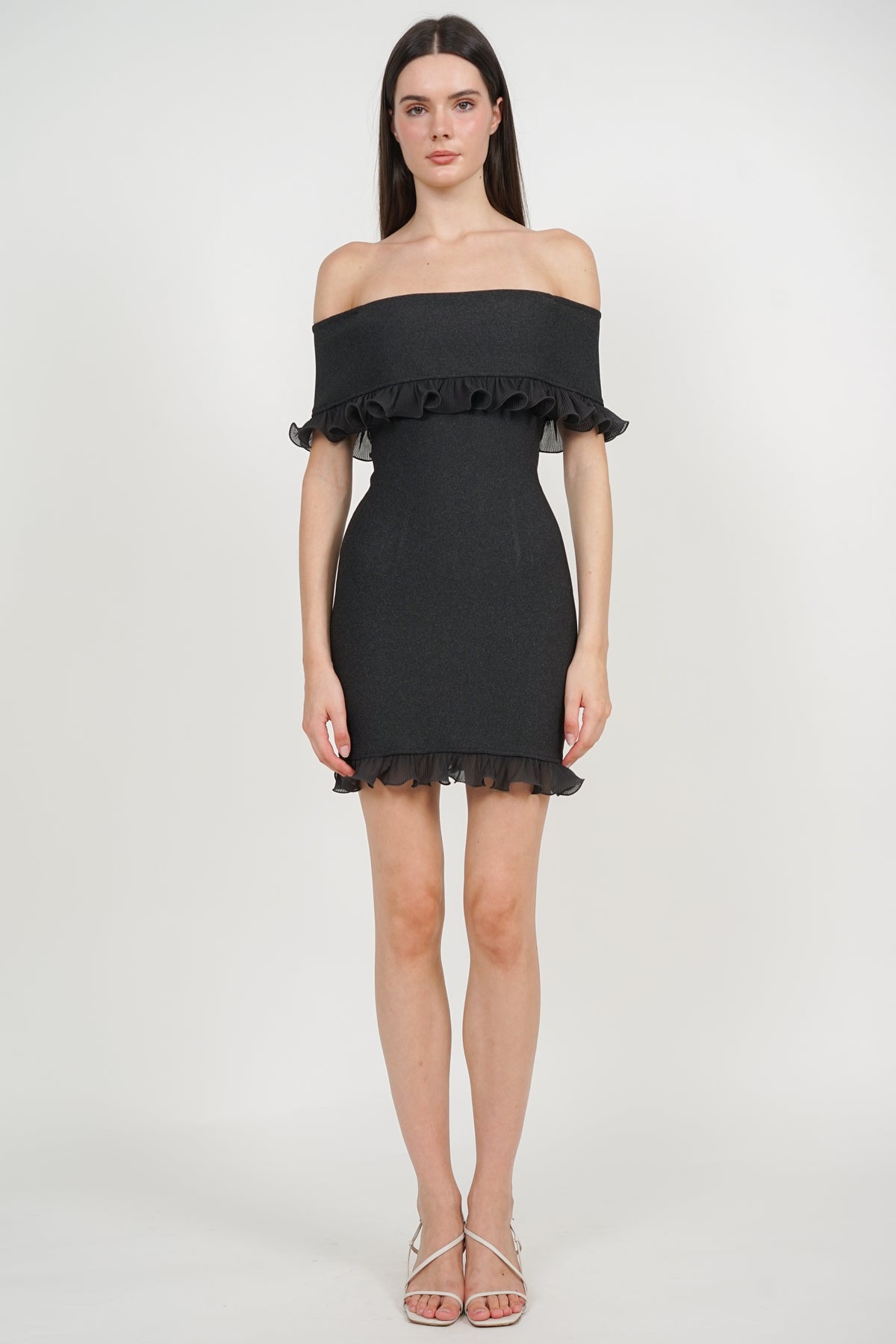 Off-Shoulder Ruffled Frill-Hem Mini Dress in Graphite