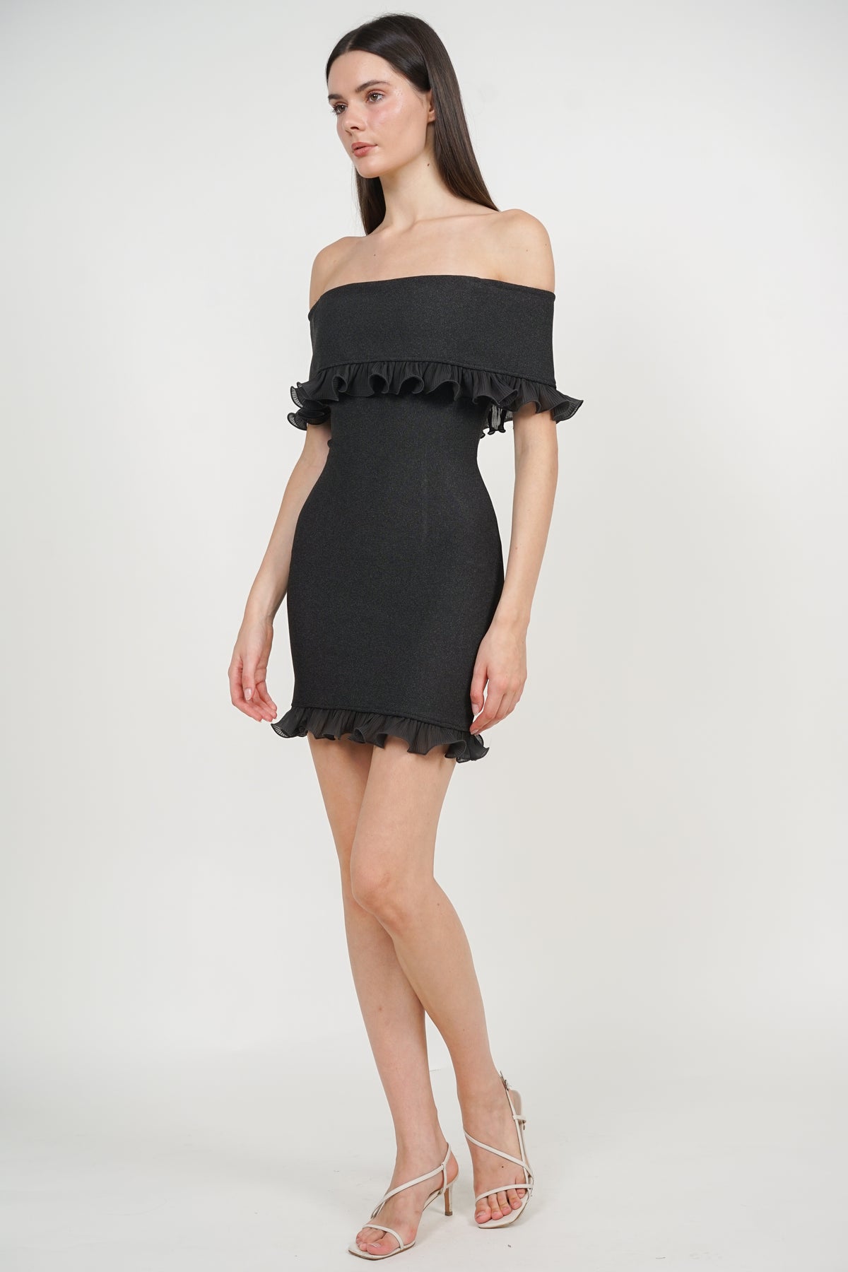 Off-Shoulder Ruffled Frill-Hem Mini Dress in Graphite