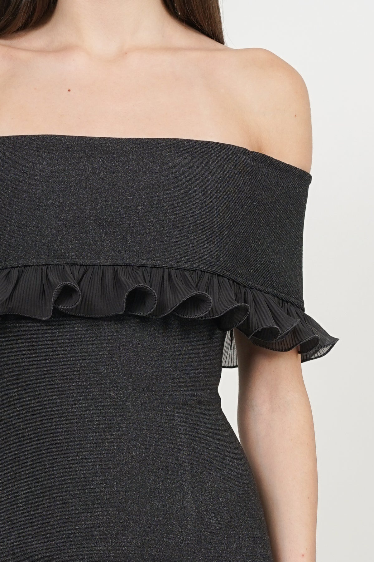Off-Shoulder Ruffled Frill-Hem Mini Dress in Graphite