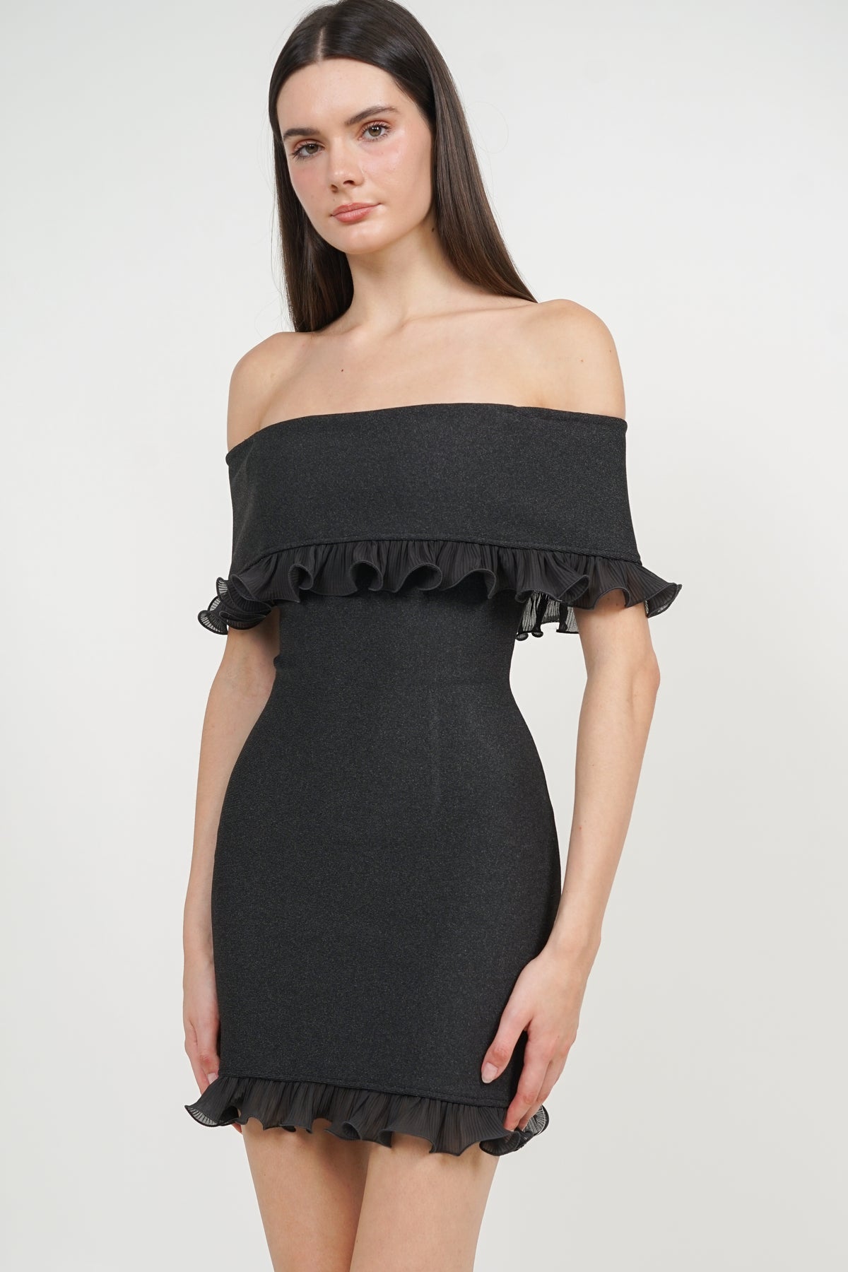 Off-Shoulder Ruffled Frill-Hem Mini Dress in Graphite