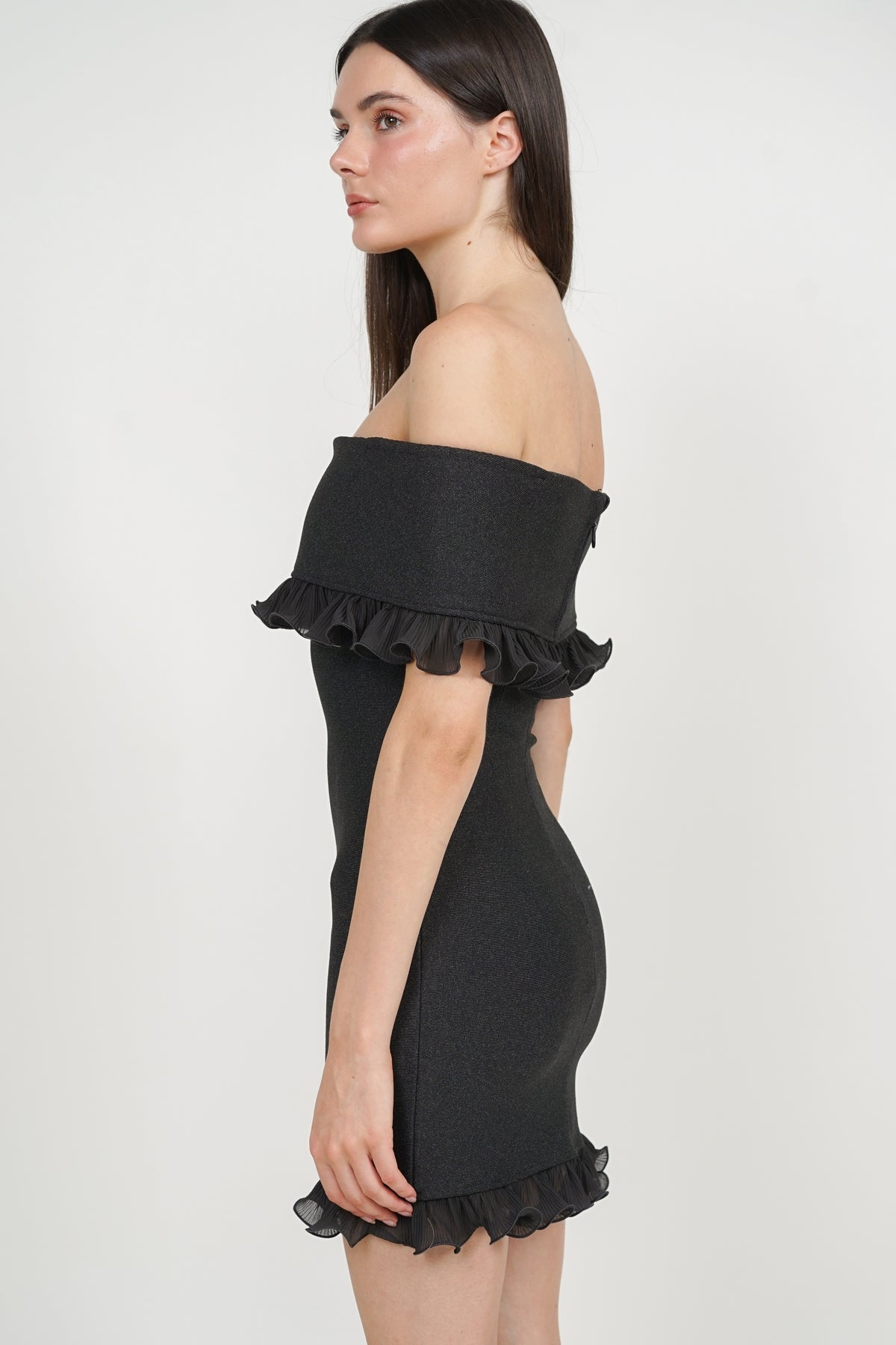 Off-Shoulder Ruffled Frill-Hem Mini Dress in Graphite