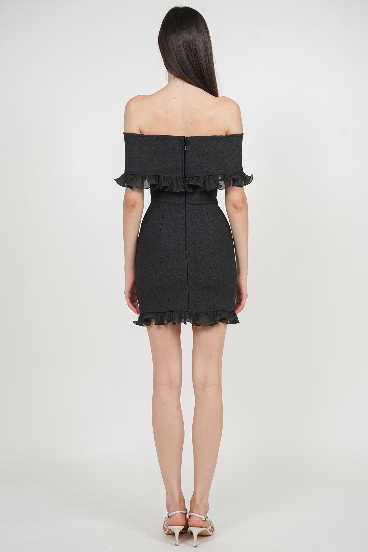 Off-Shoulder Ruffled Frill-Hem Mini Dress in Graphite