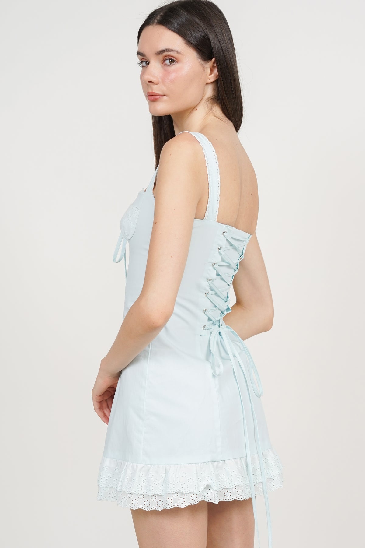 Lace Tie-Waist Mini Dress in Light Blue Eyelet