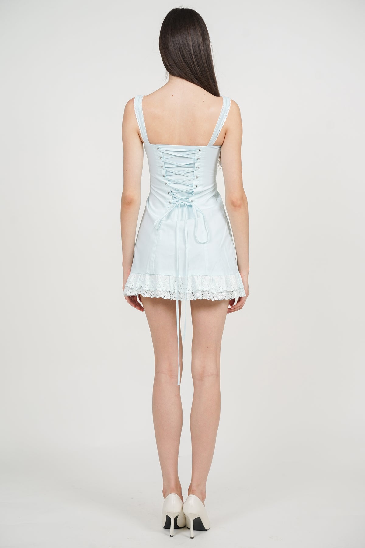 Lace Tie-Waist Mini Dress in Light Blue Eyelet