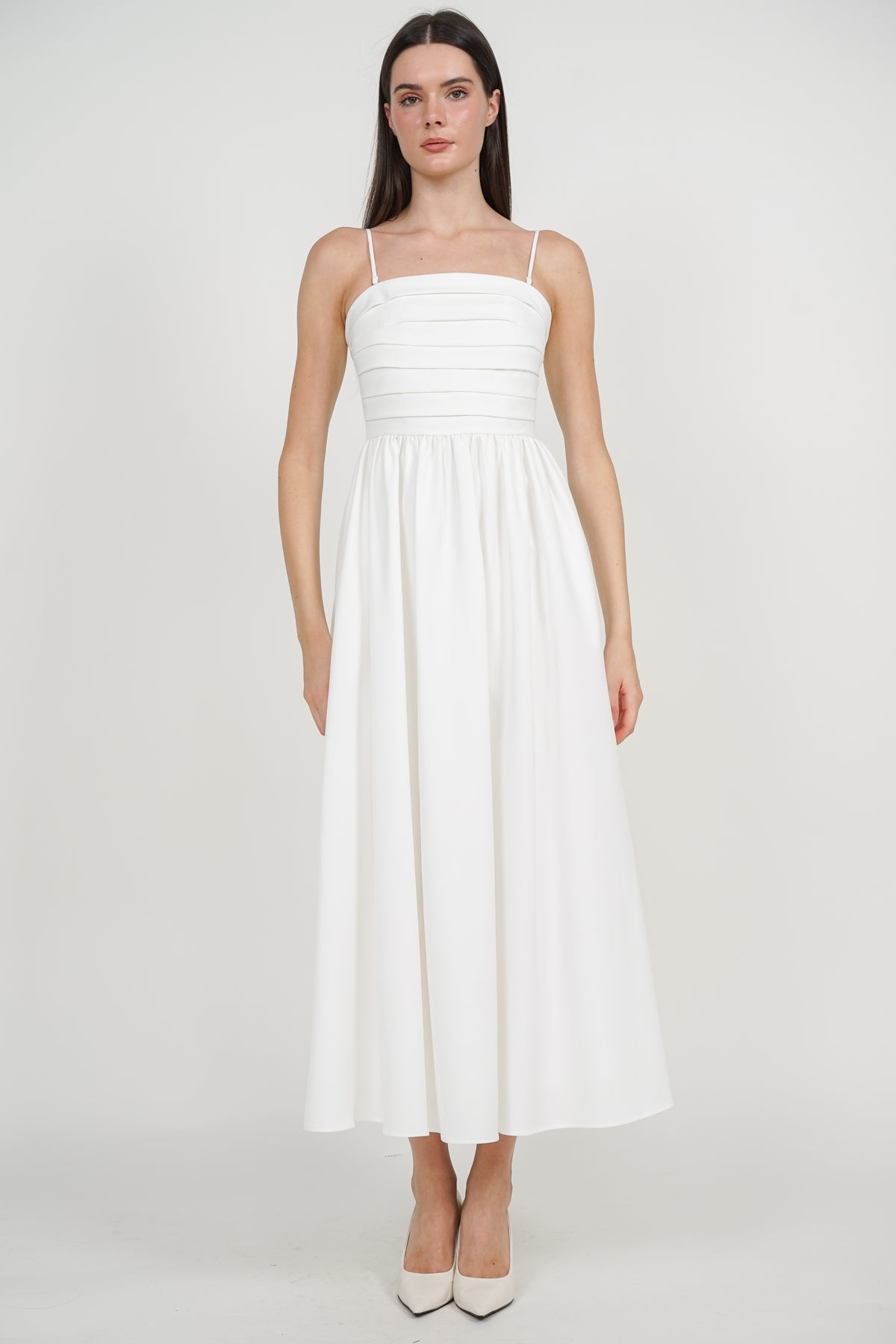 Maxi Pleated Flare Dress in White