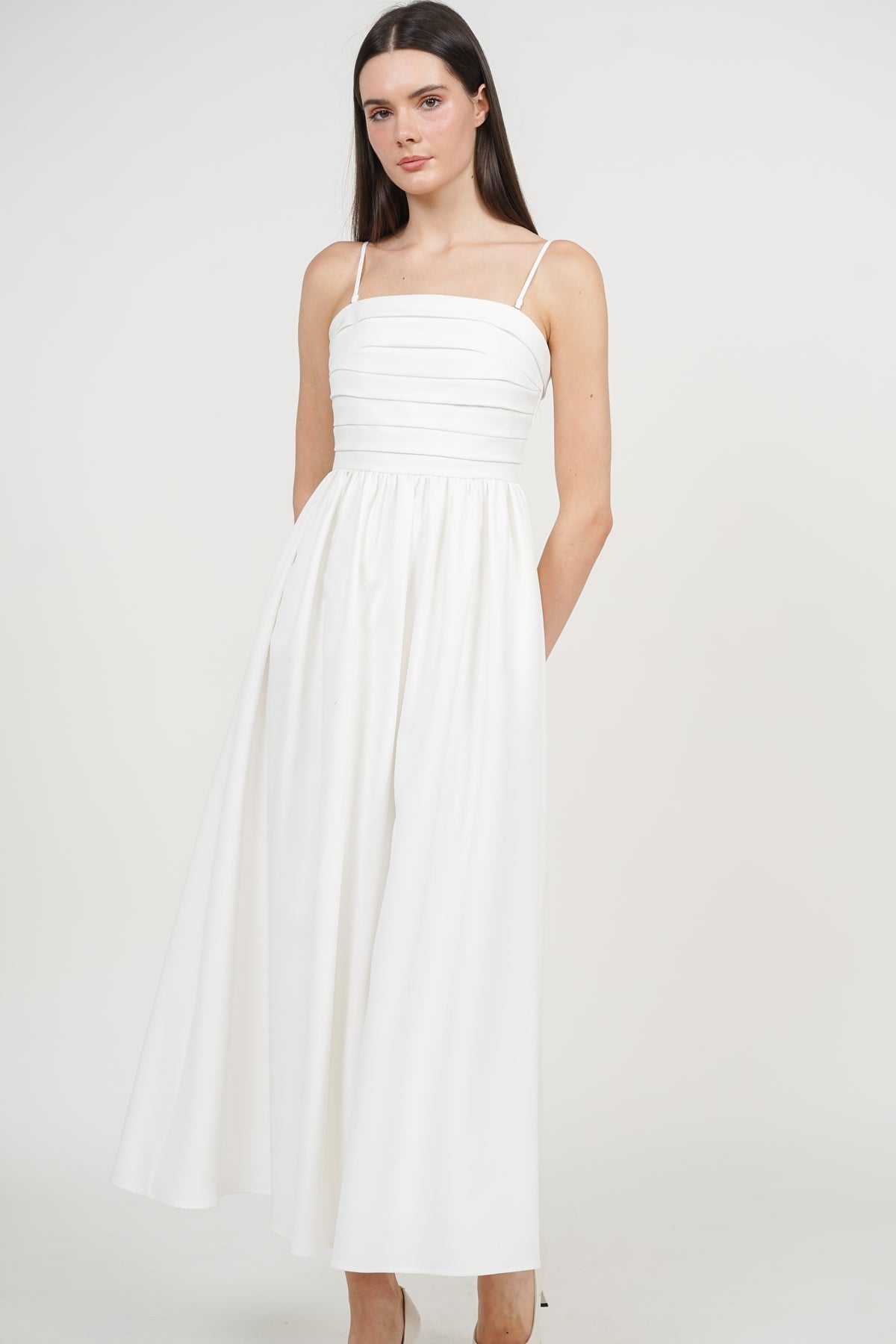 Maxi Pleated Flare Dress in White