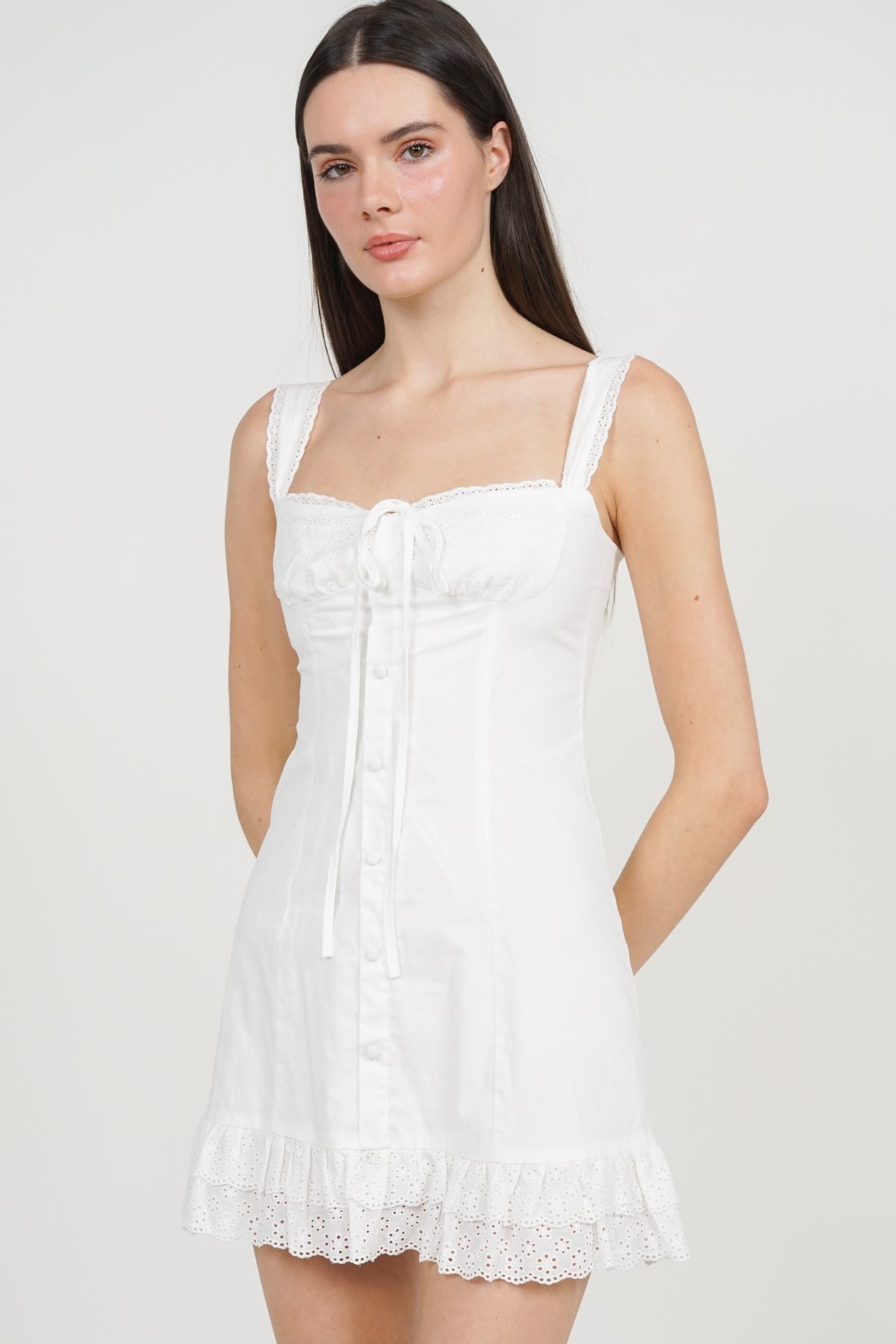 Lace Tie-Waist Mini Dress in White Eyelet