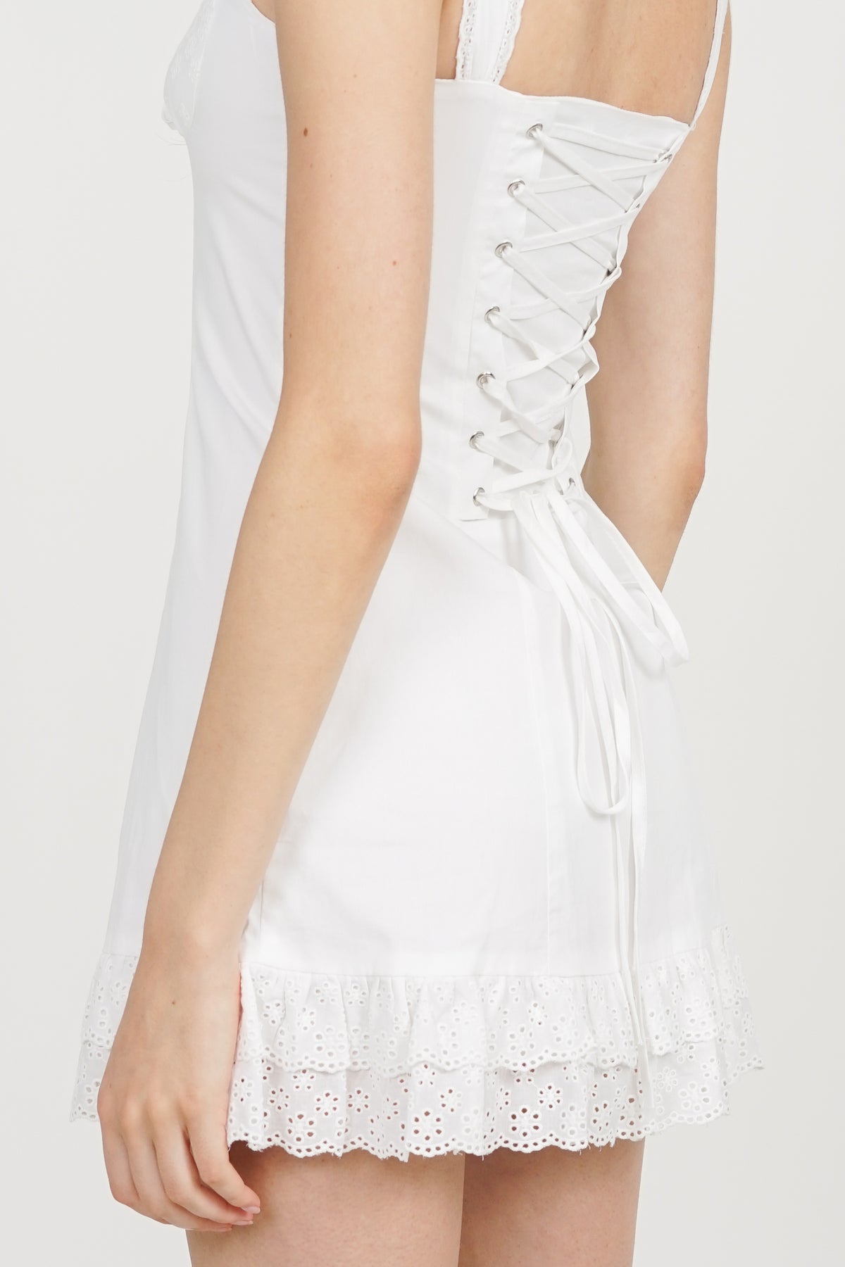Lace Tie-Waist Mini Dress in White Eyelet