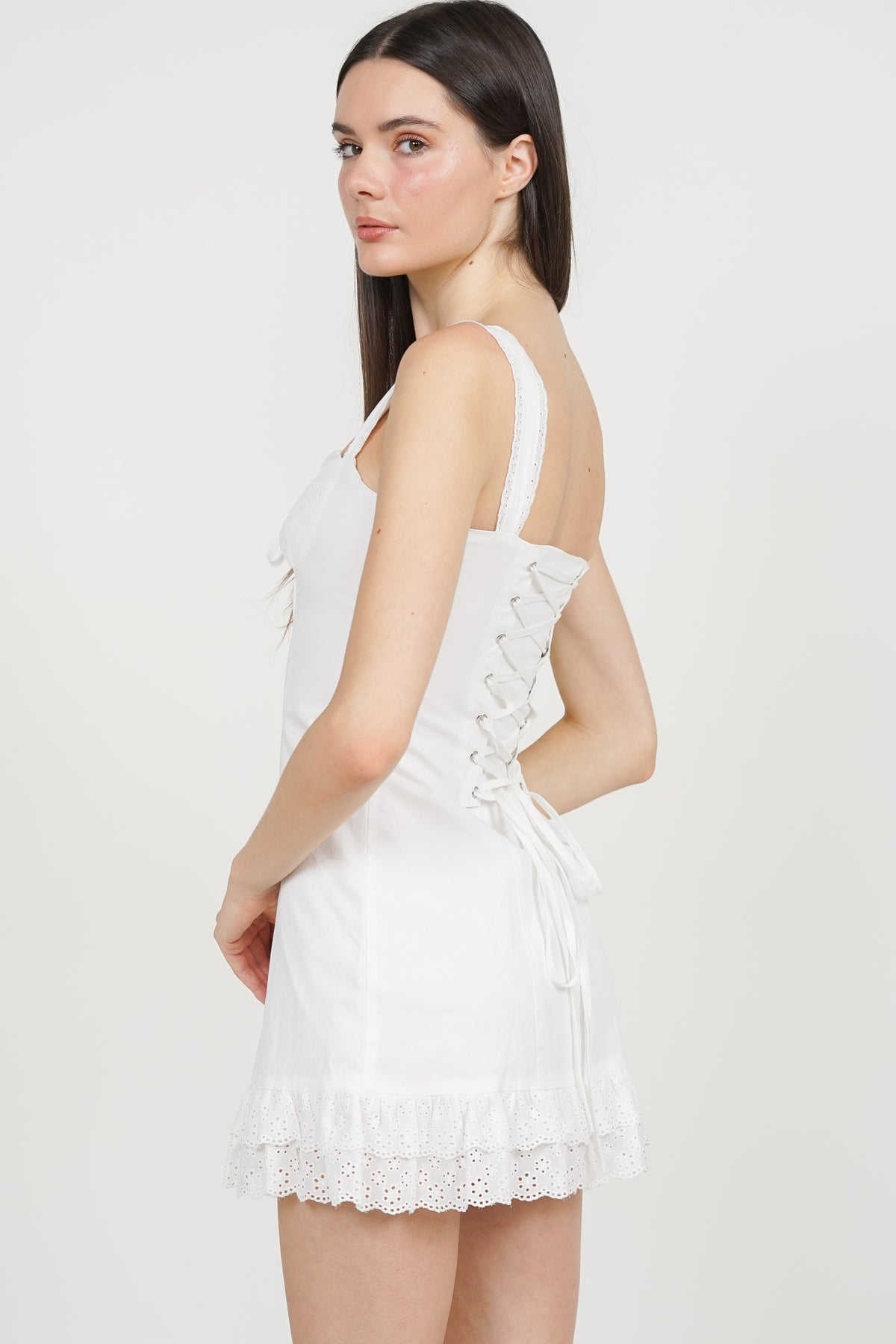 Lace Tie-Waist Mini Dress in White Eyelet