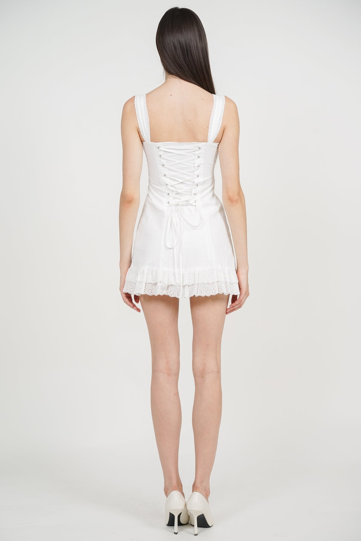 Lace Tie-Waist Mini Dress in White Eyelet
