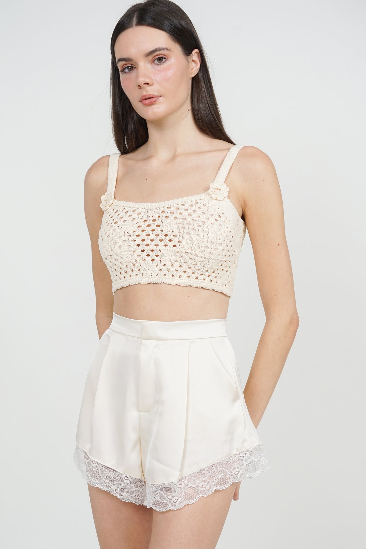 Lace-Hem Shorts in Beige