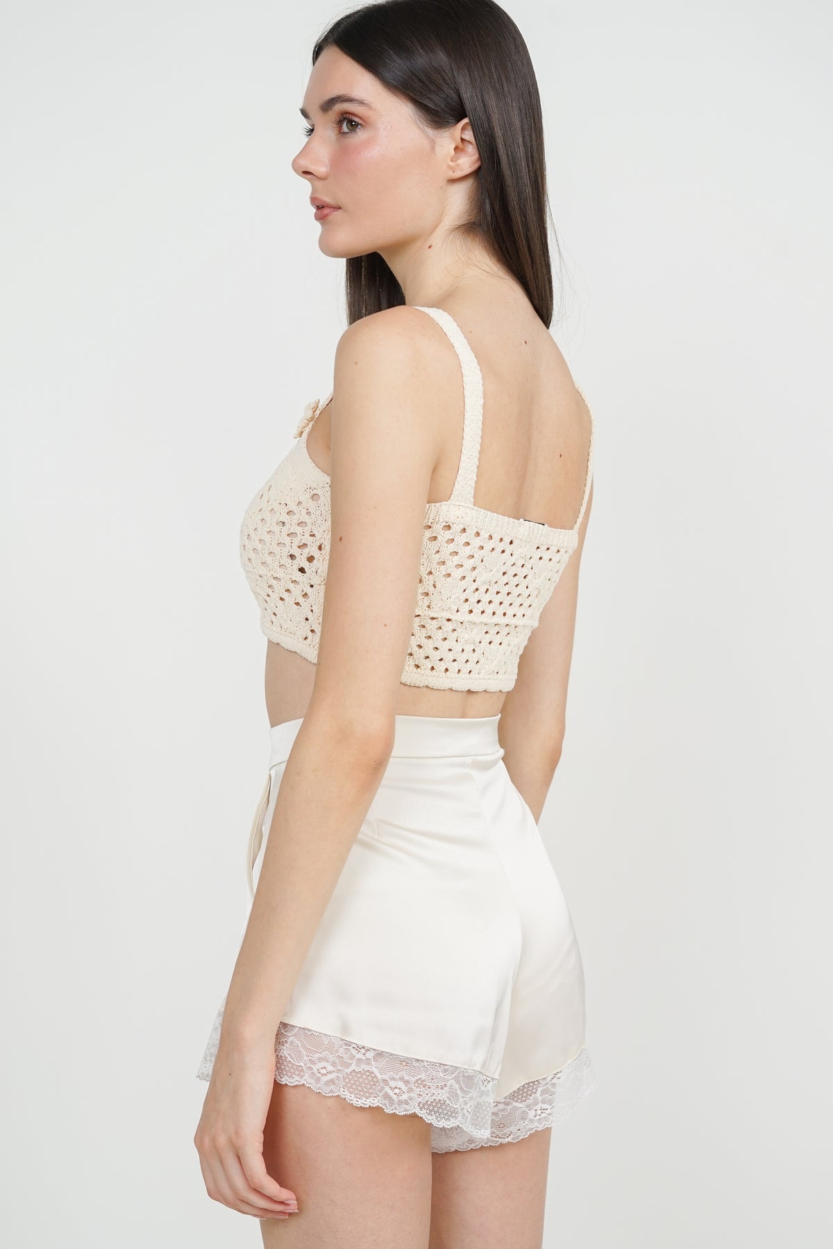 Lace-Hem Shorts in Beige