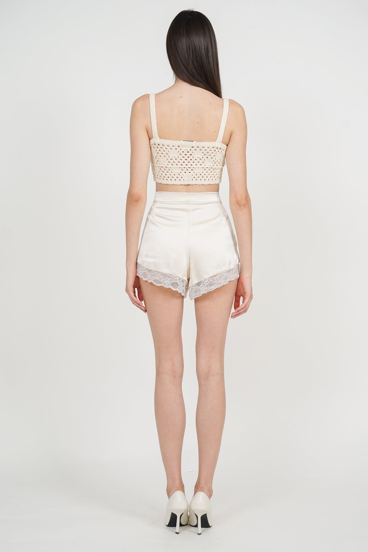 Lace-Hem Shorts in Beige